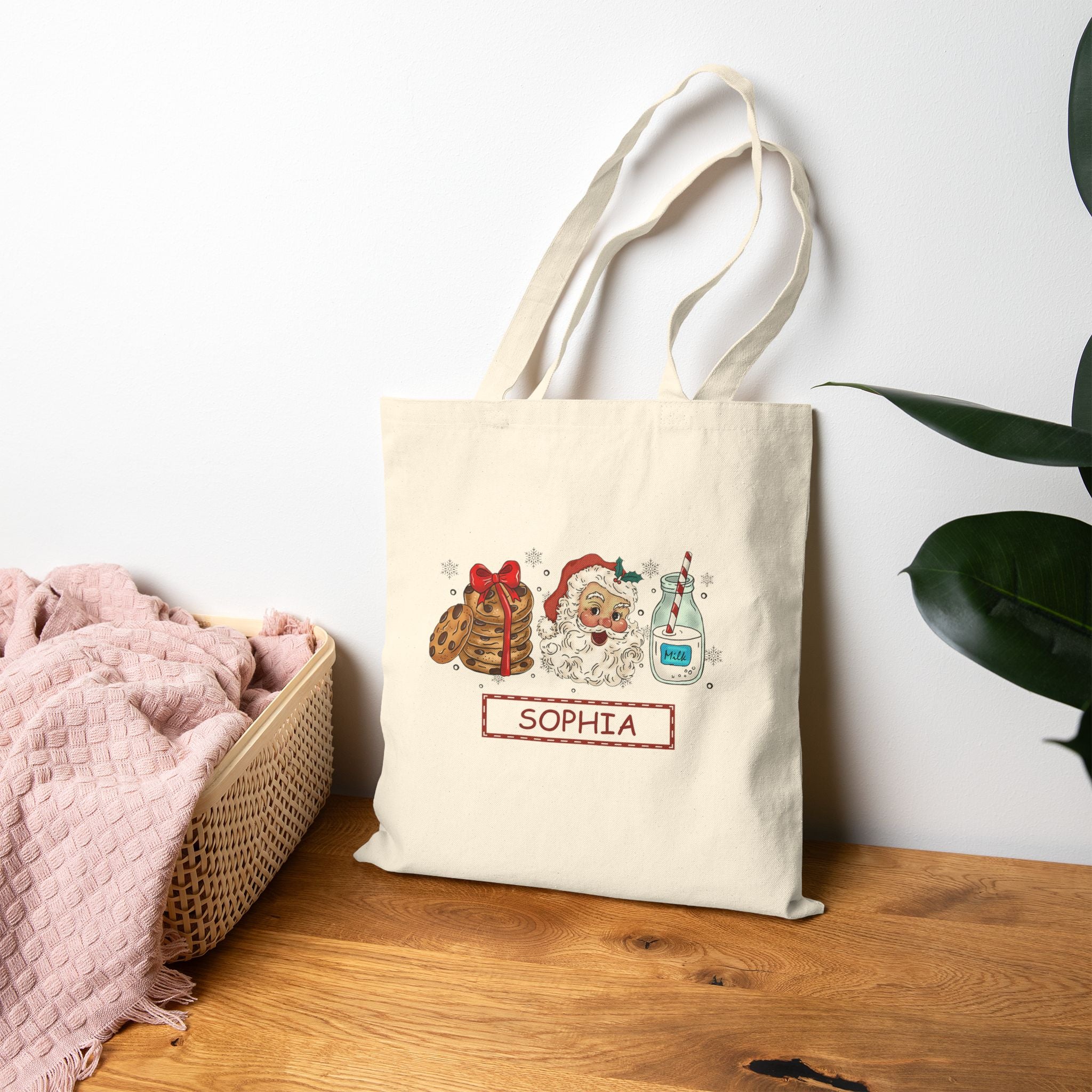 Personalized Santa Cookies and Milk Tote Bag, Custom Name Christmas Tote, Holiday Gift Bag for Kids, Santa Claus Cookie Lover Bag