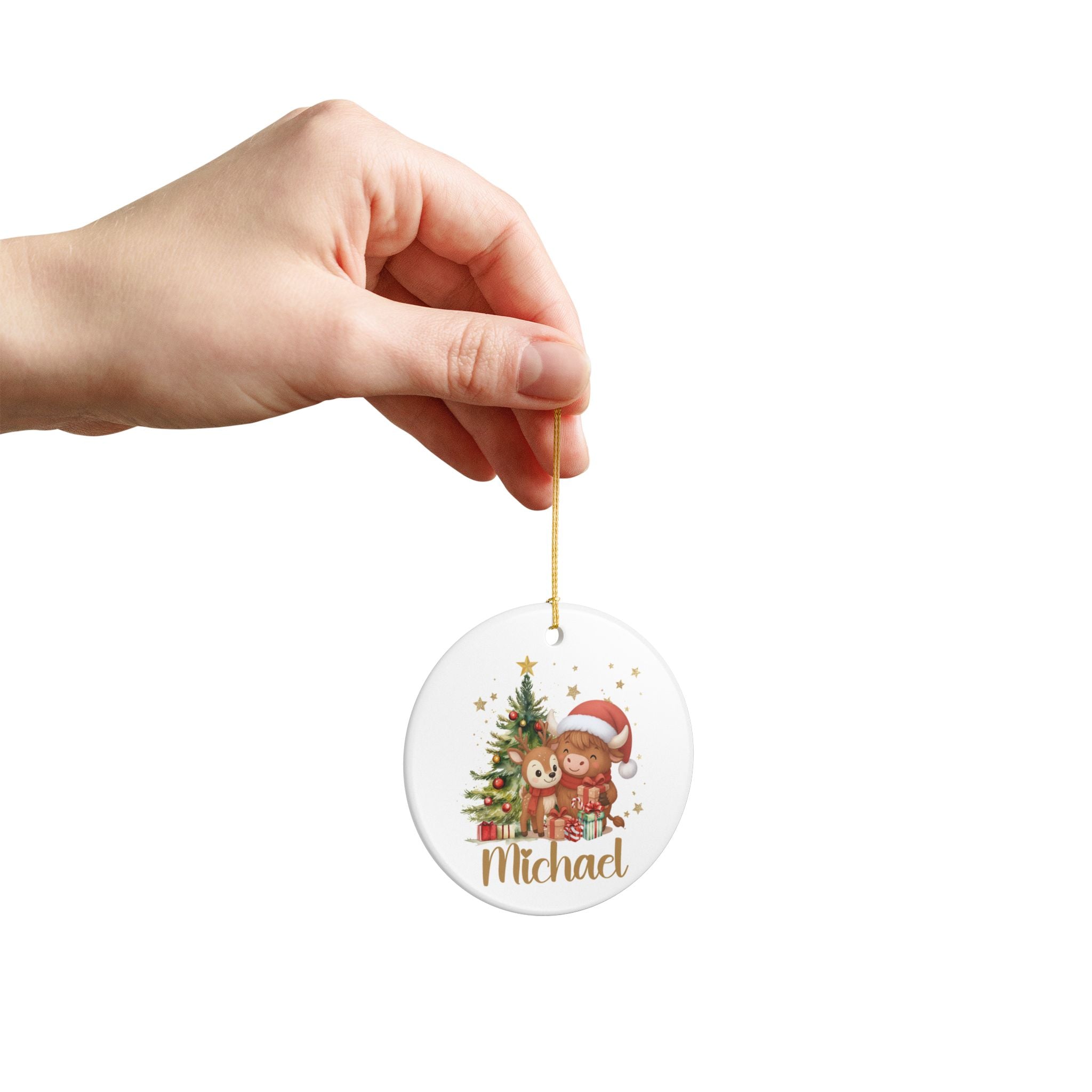 Personalized Christmas Ornament, Cute Highland Cow and Reindeer Design, Custom Name Holiday Gift, Kids Christmas Decoration
