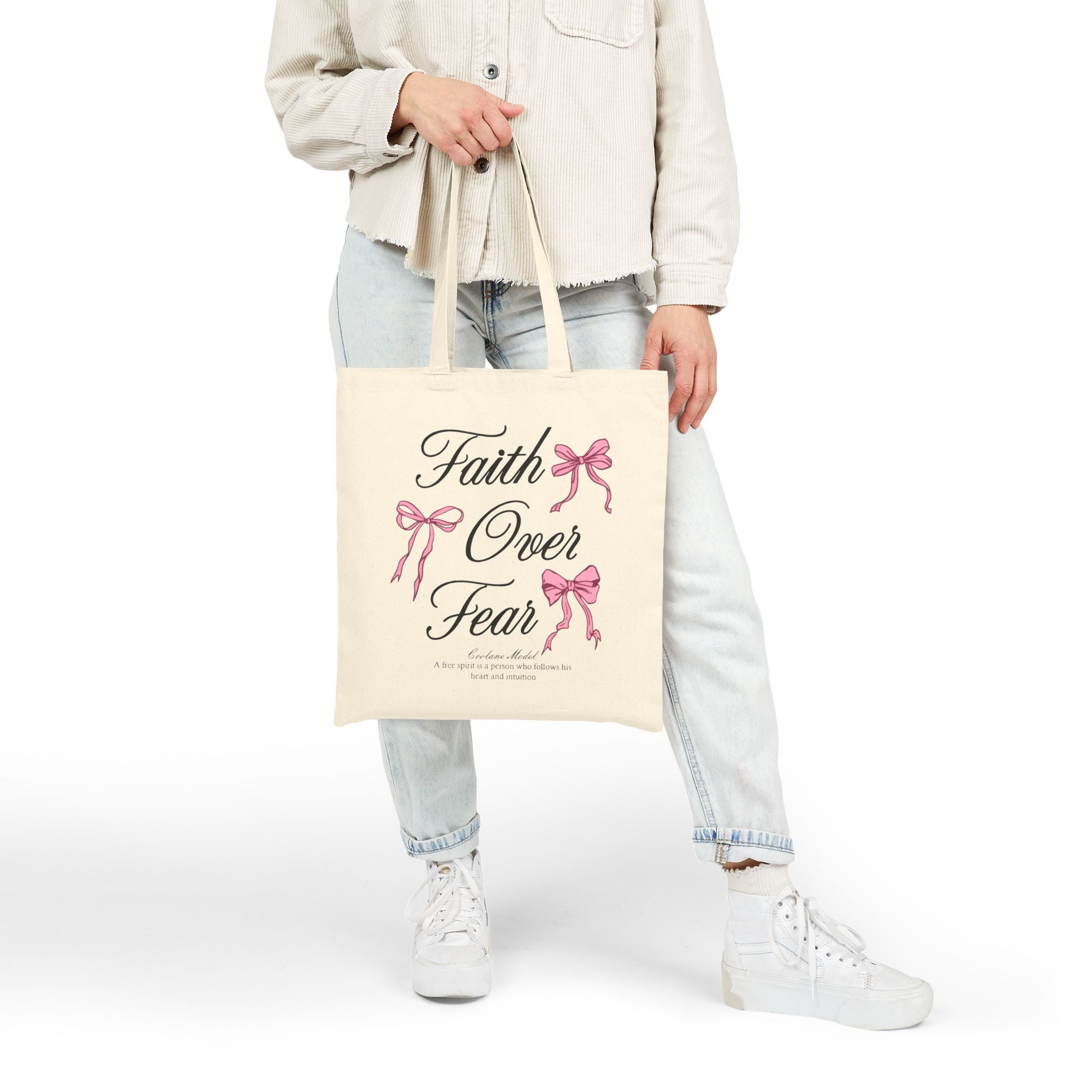 Faith Over Fear Tote Bag, Pink Bow Christian Quote Bag, Bible Verse Inspirational Tote, Coquette Aesthetic Faith Gift for Women