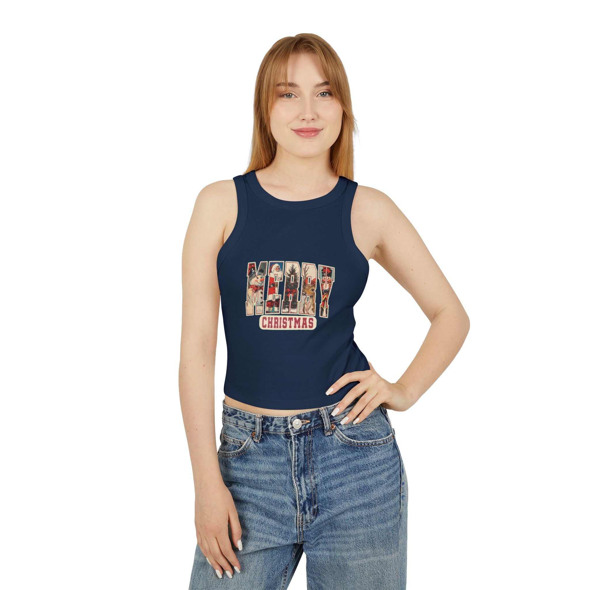 Merry Christmas Tank Top, Vintage Holiday Letter Design, Retro Santa Reindeer and Snowman Graphic Tee, Festive Christmas Gift Shirt