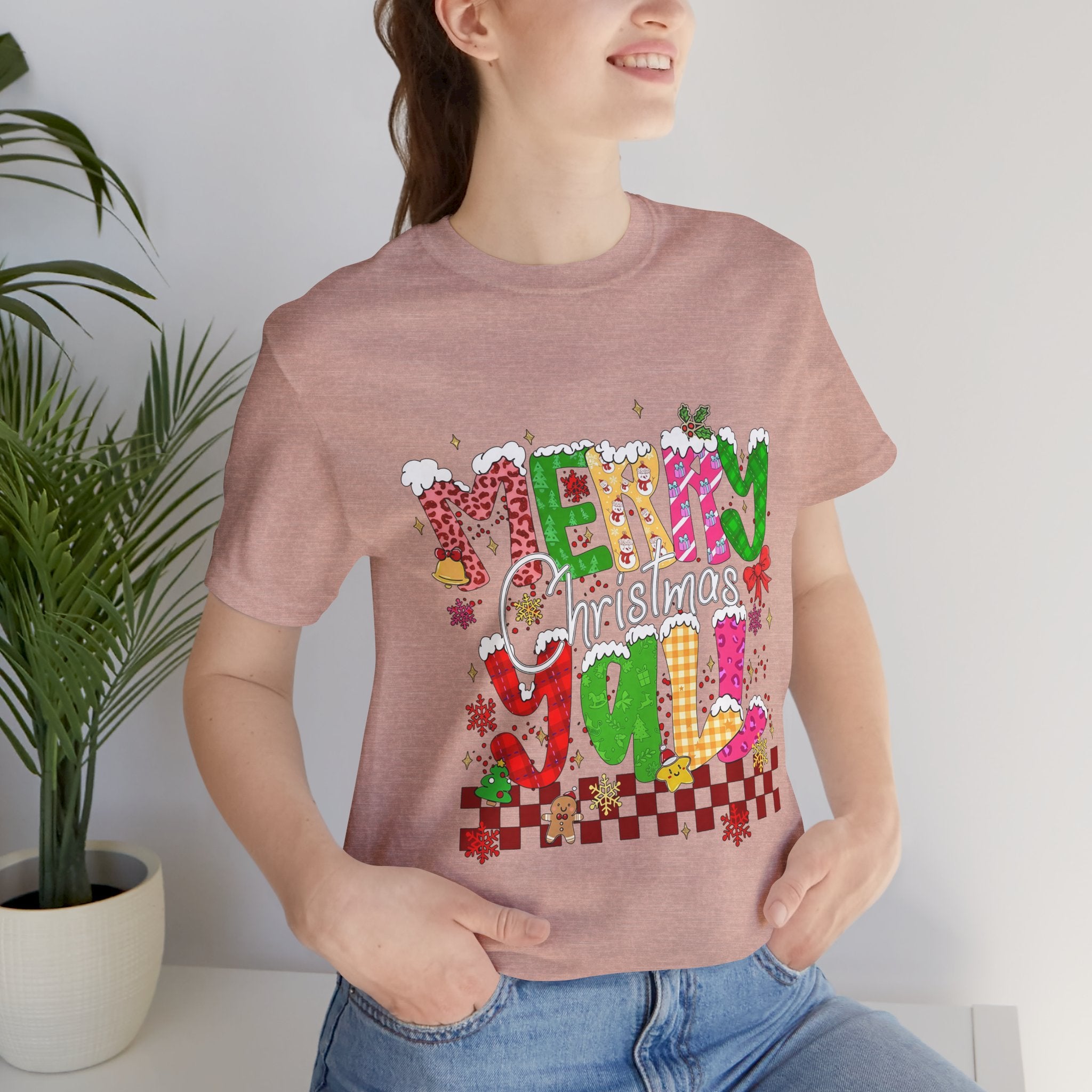 Merry Christmas Y’all Shirt, Colorful Christmas T-Shirt, Retro Holiday Tee, Cute Festive Graphic Tee for Women