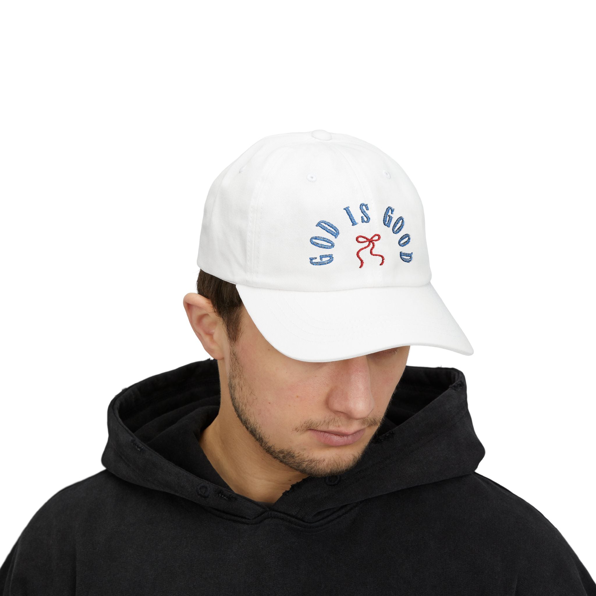God Is Good Embroidered Hat, Christian Faith Baseball Cap, Blue Letter Red Bow Stitch Design, Religious Quote Dad Hat, Spiritual Gift