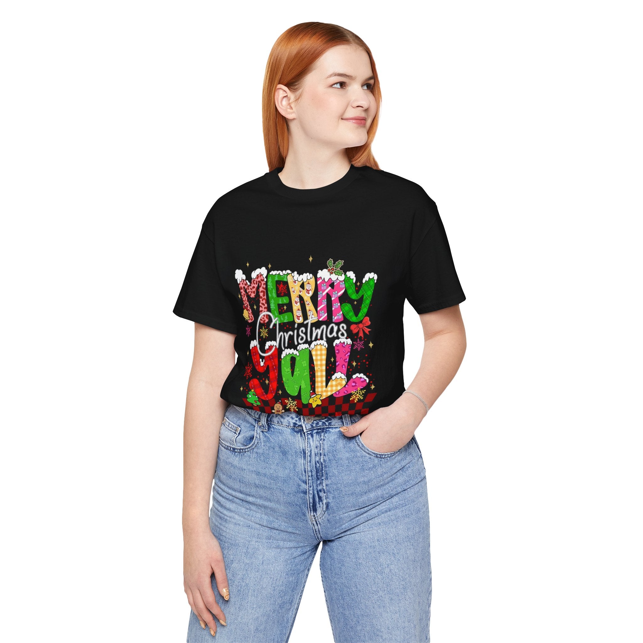 Merry Christmas Y’all Shirt, Colorful Christmas T-Shirt, Retro Holiday Tee, Cute Festive Graphic Tee for Women