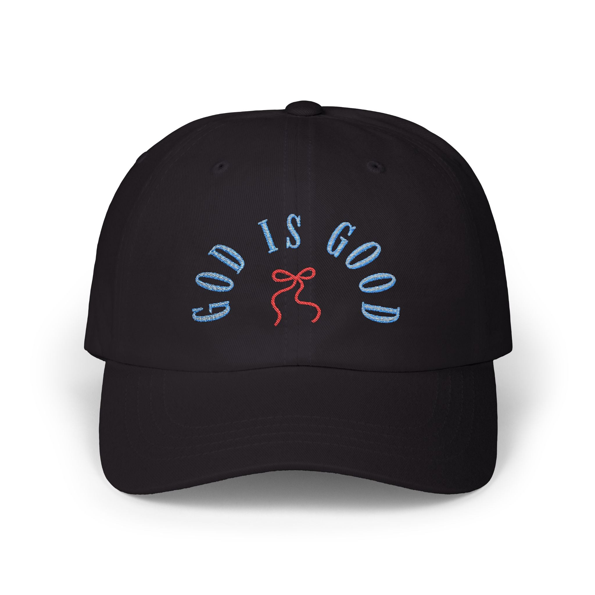 God Is Good Embroidered Hat, Christian Faith Baseball Cap, Blue Letter Red Bow Stitch Design, Religious Quote Dad Hat, Spiritual Gift