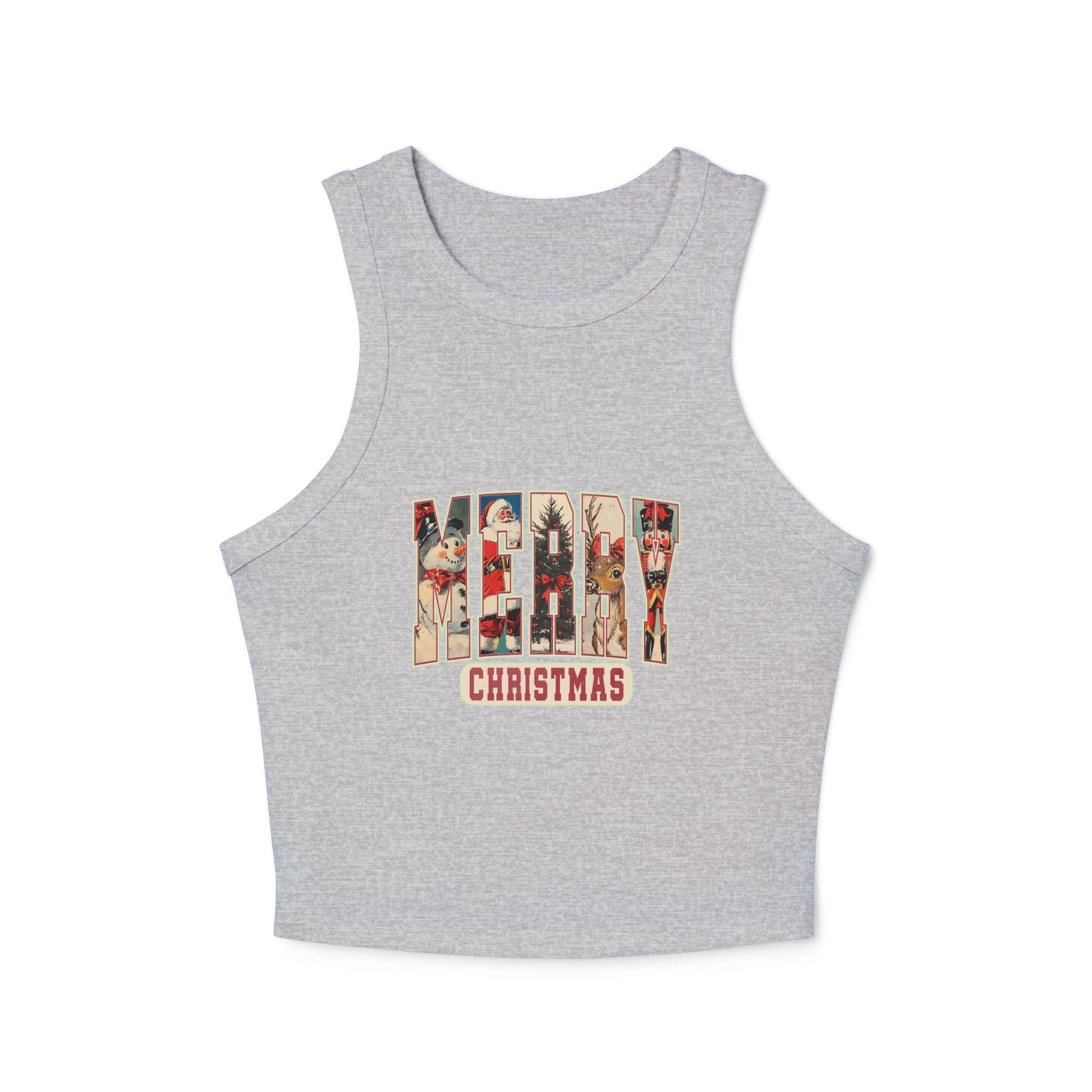 Merry Christmas Tank Top, Vintage Holiday Letter Design, Retro Santa Reindeer and Snowman Graphic Tee, Festive Christmas Gift Shirt