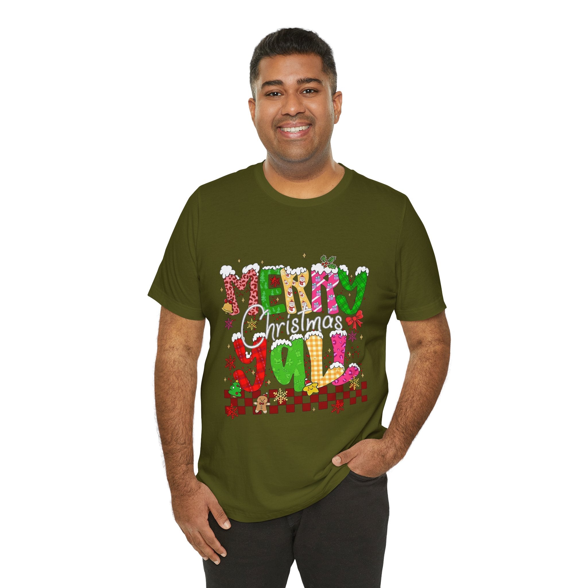 Merry Christmas Y’all Shirt, Colorful Christmas T-Shirt, Retro Holiday Tee, Cute Festive Graphic Tee for Women