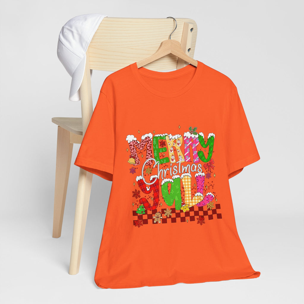Merry Christmas Y’all Shirt, Colorful Christmas T-Shirt, Retro Holiday Tee, Cute Festive Graphic Tee for Women