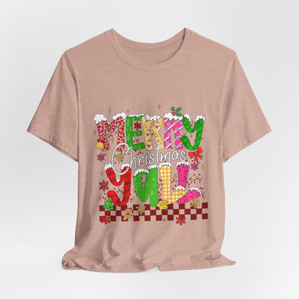 Merry Christmas Y’all Shirt, Colorful Christmas T-Shirt, Retro Holiday Tee, Cute Festive Graphic Tee for Women
