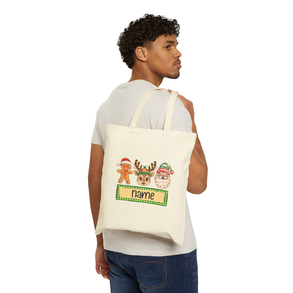 Personalized Christmas Tote Bag, Custom Name Holiday Bag with Santa, Reindeer & Gingerbread Design, Kids Christmas Gift Tote