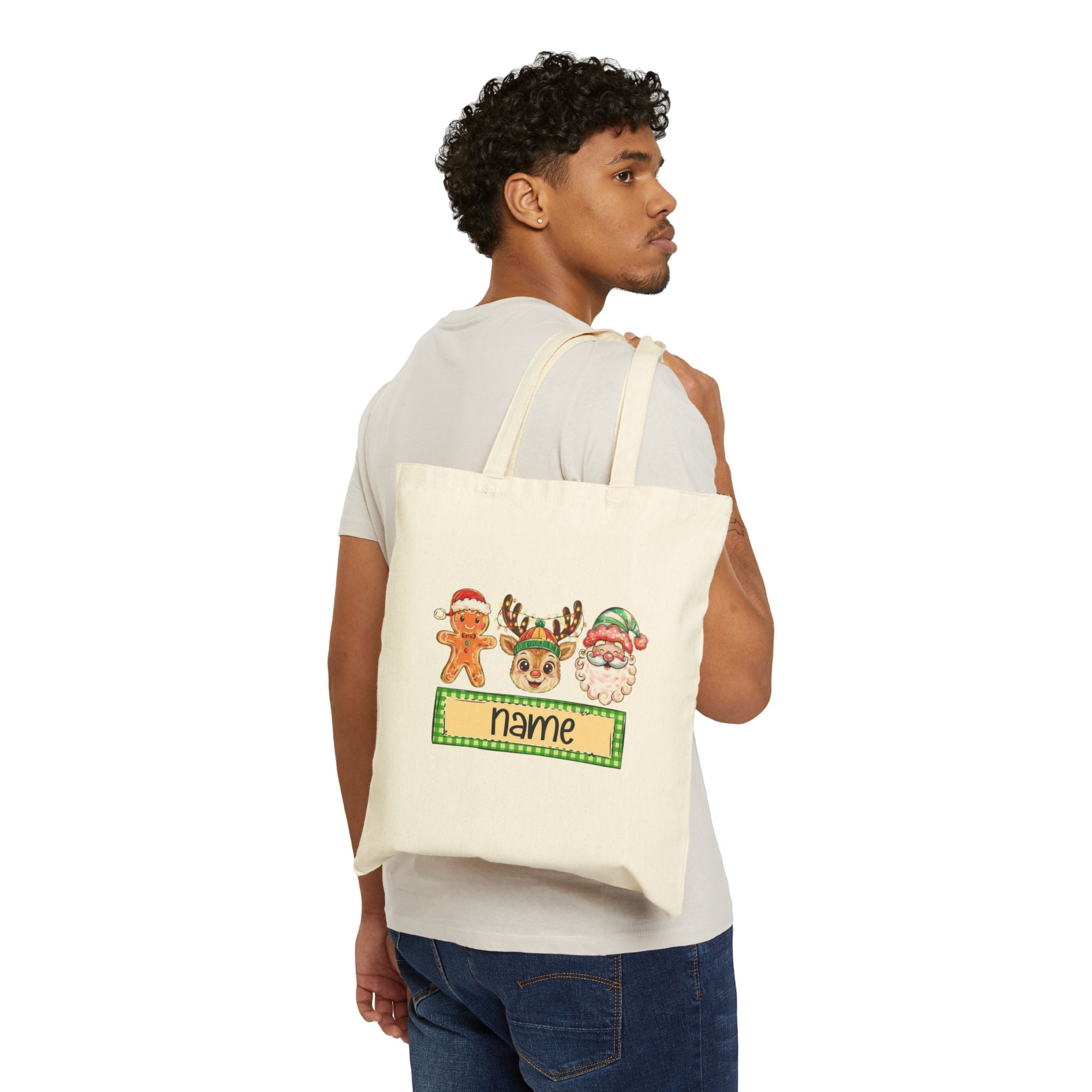 Personalized Christmas Tote Bag, Custom Name Holiday Bag with Santa, Reindeer & Gingerbread Design, Kids Christmas Gift Tote