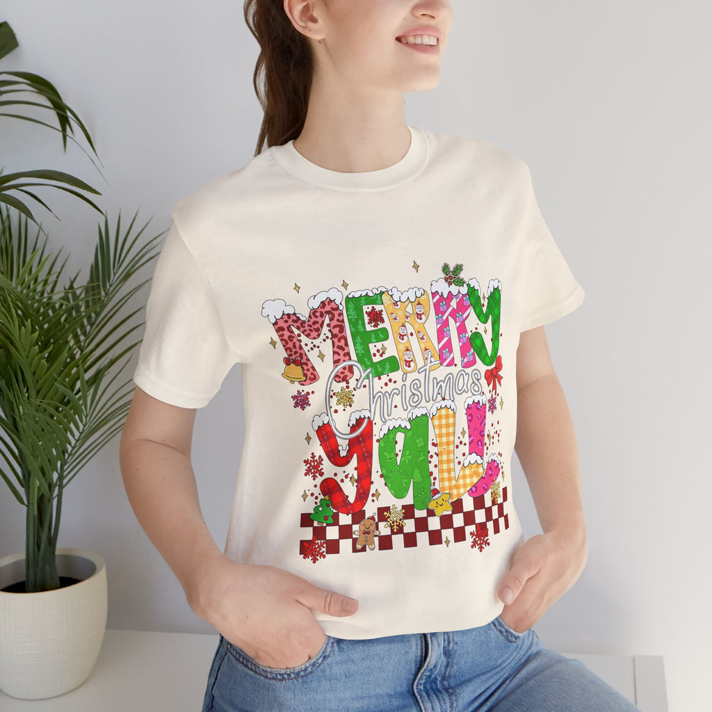 Merry Christmas Y’all Shirt, Colorful Christmas T-Shirt, Retro Holiday Tee, Cute Festive Graphic Tee for Women