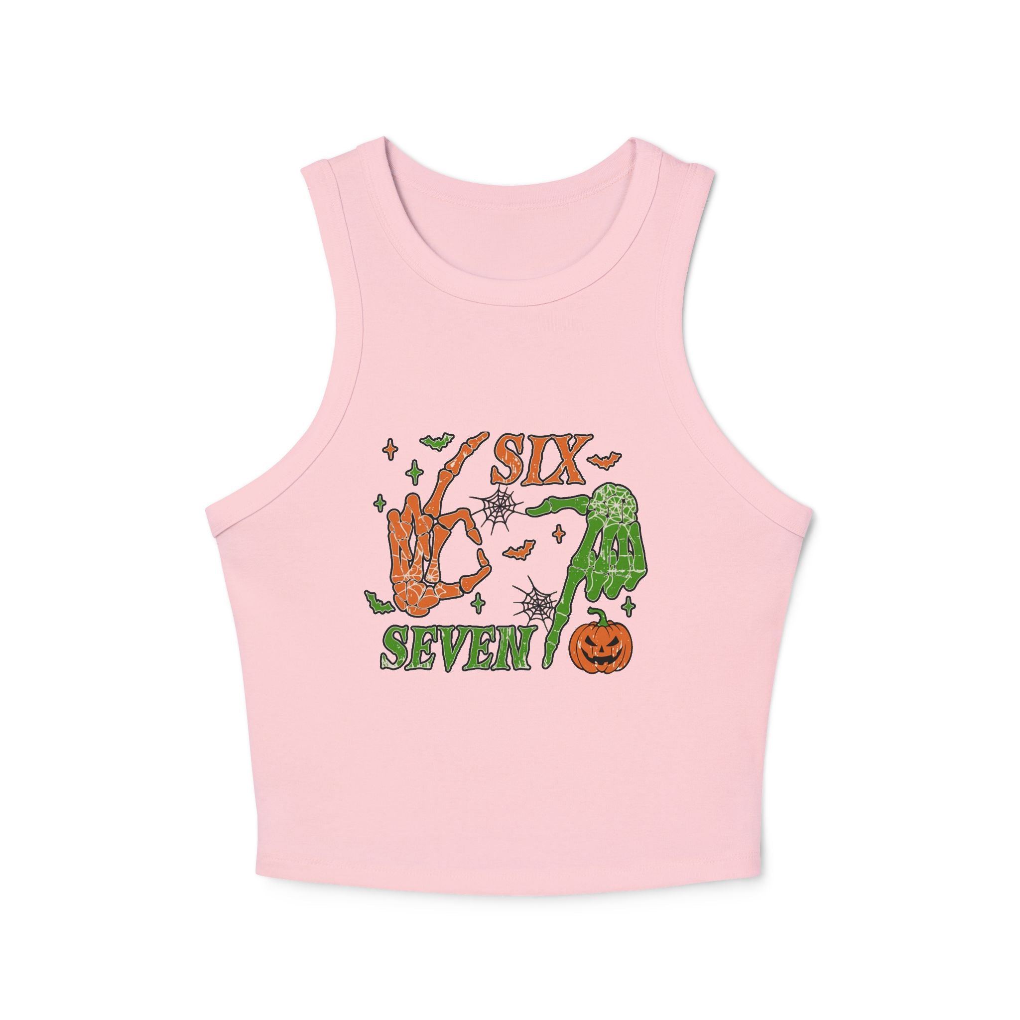 Halloween Six Seven Tank Top, Skeleton Hand Spooky Design, Pumpkin and Spider Web Graphic Tee, Funny Halloween Party Shirt, Trendy Tee