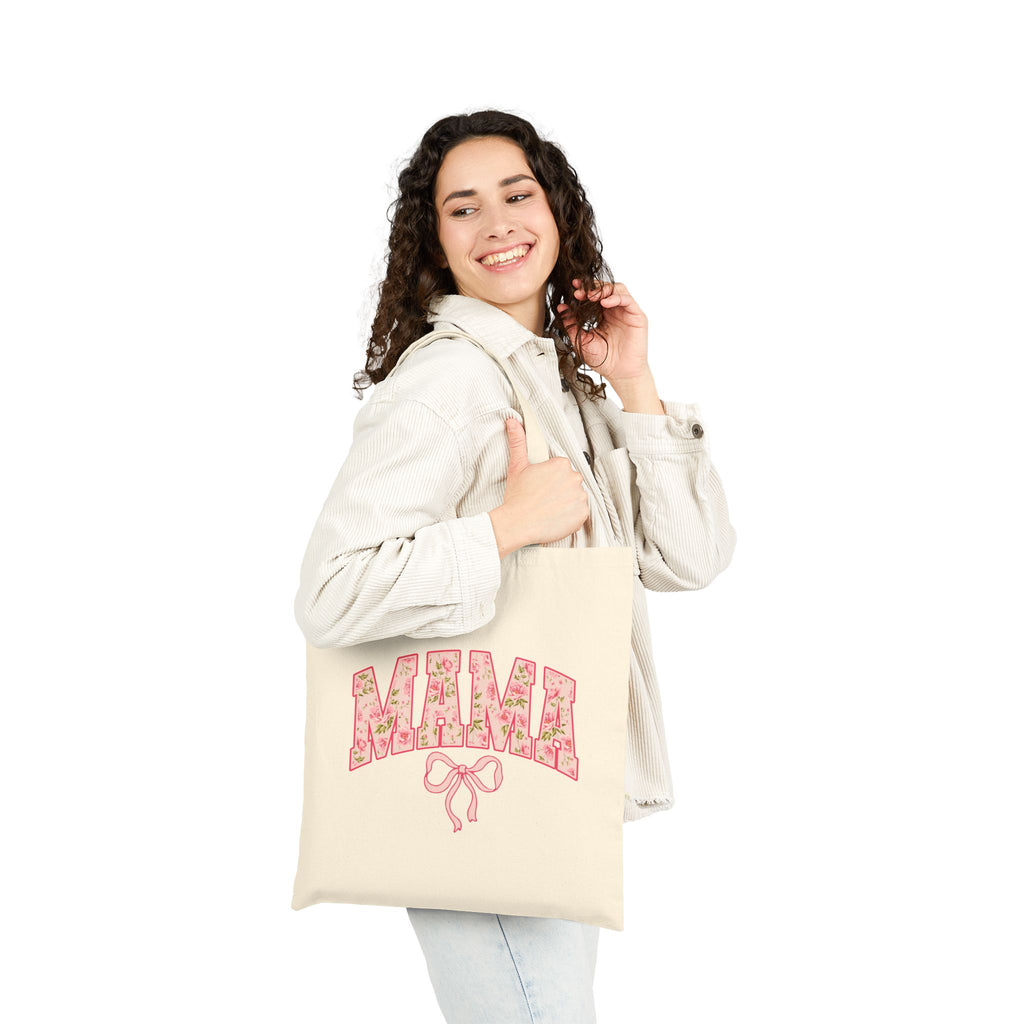 Floral MAMA Tote Bag, Pink Bow and Rose Print Design, Mother’s Day Gift Bag, Vintage Flower Mom Tote, Aesthetic Mama Carryall