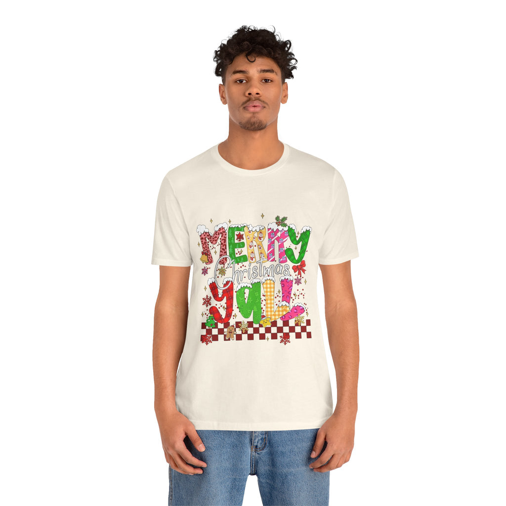 Merry Christmas Y’all Shirt, Colorful Christmas T-Shirt, Retro Holiday Tee, Cute Festive Graphic Tee for Women
