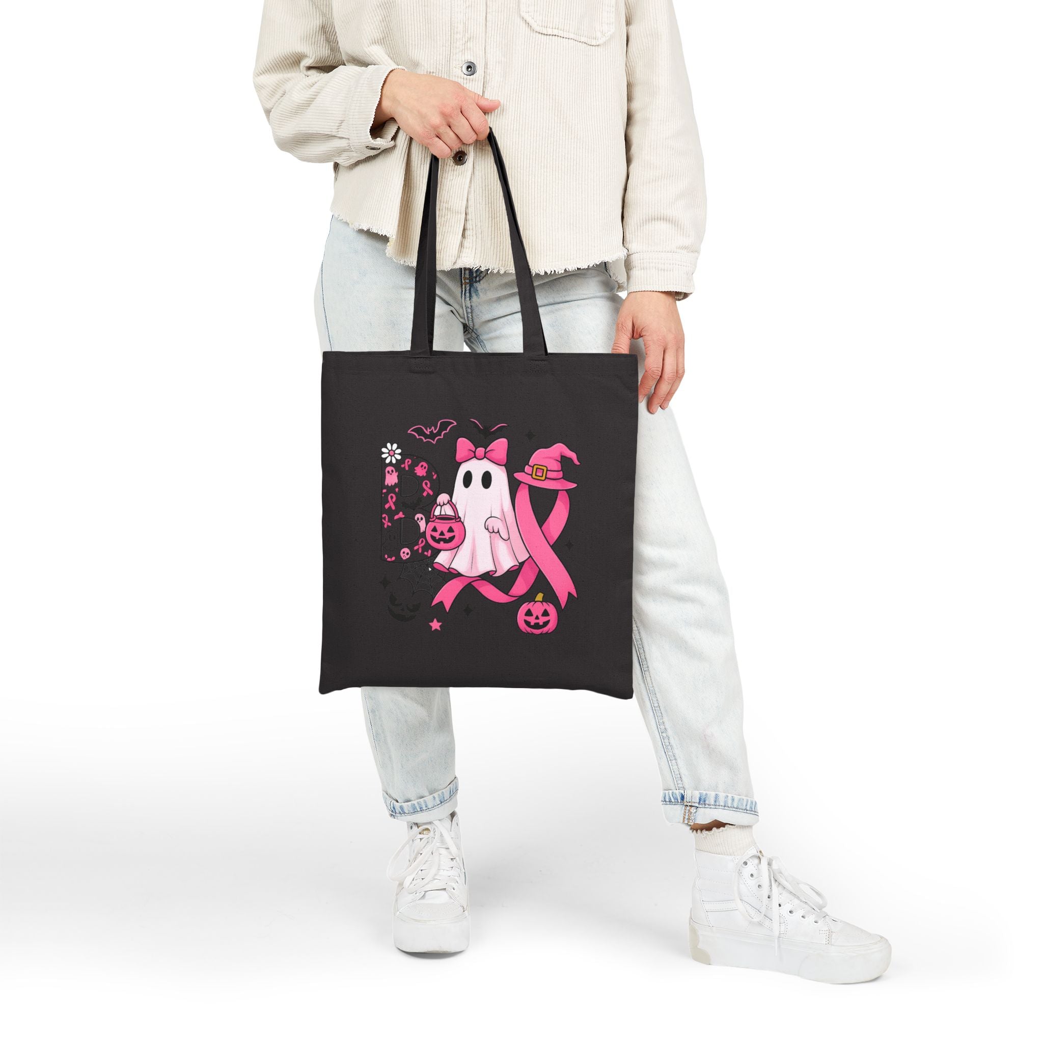 Pink Boo Ghost Tote Bag, Breast Cancer Awareness Halloween Bag, Cute Ghost with Bow and Pumpkin Tote, Spooky Season Gift for Her