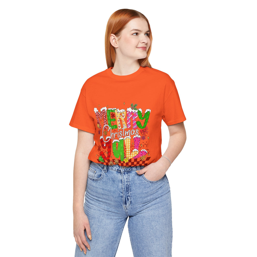 Merry Christmas Y’all Shirt, Colorful Christmas T-Shirt, Retro Holiday Tee, Cute Festive Graphic Tee for Women