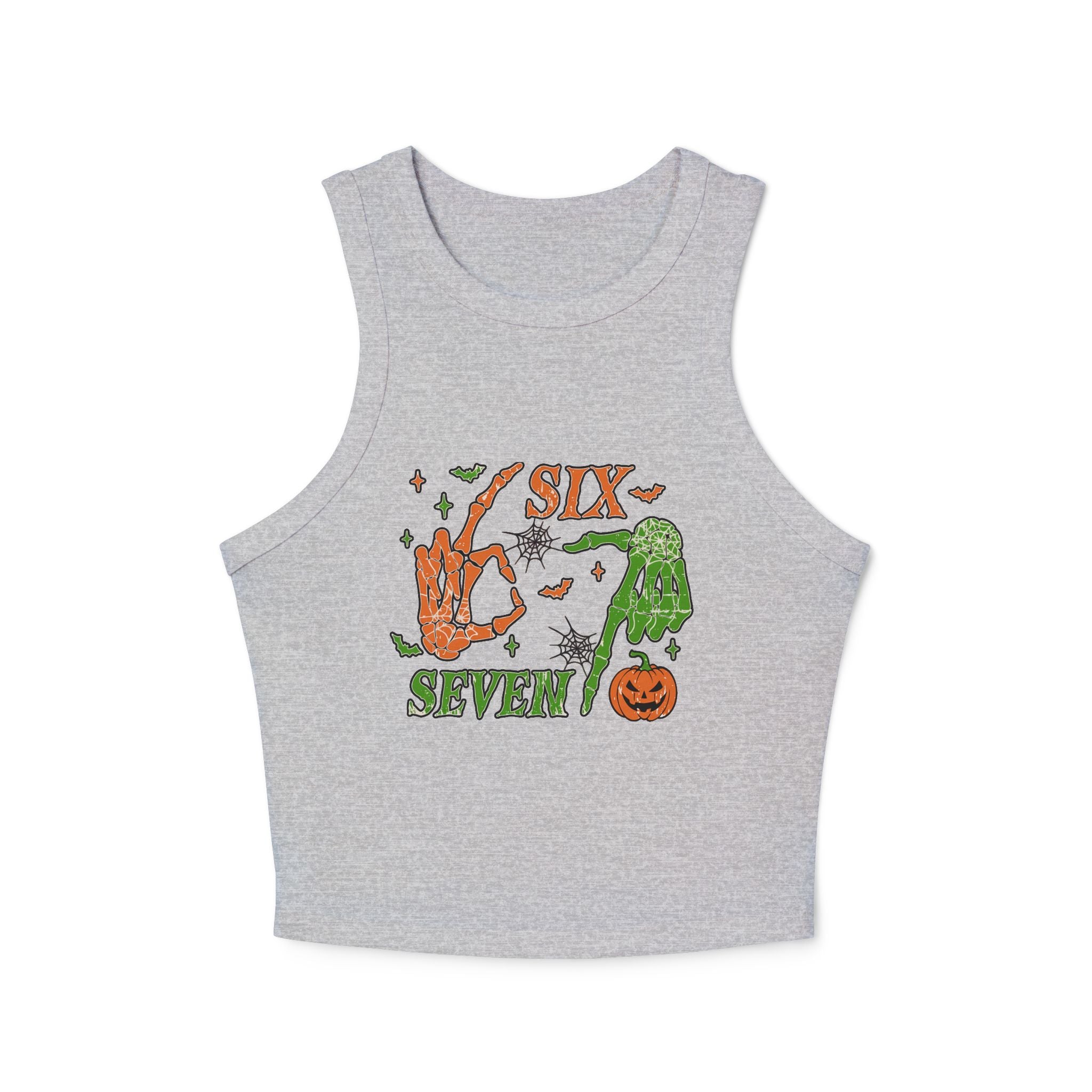 Halloween Six Seven Tank Top, Skeleton Hand Spooky Design, Pumpkin and Spider Web Graphic Tee, Funny Halloween Party Shirt, Trendy Tee