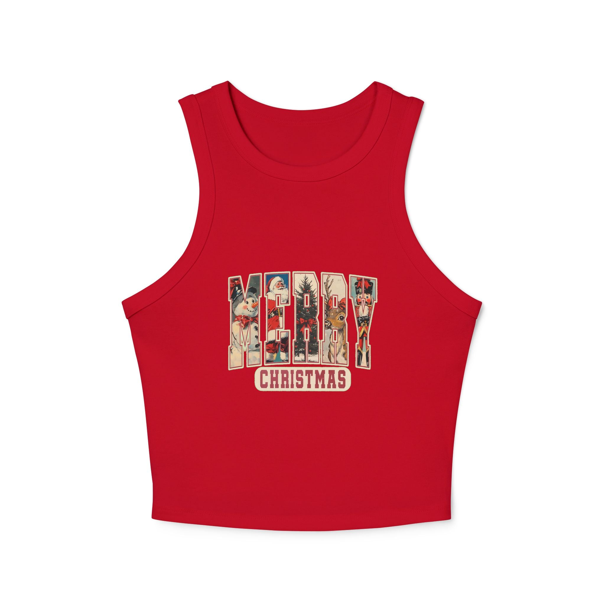 Merry Christmas Tank Top, Vintage Holiday Letter Design, Retro Santa Reindeer and Snowman Graphic Tee, Festive Christmas Gift Shirt