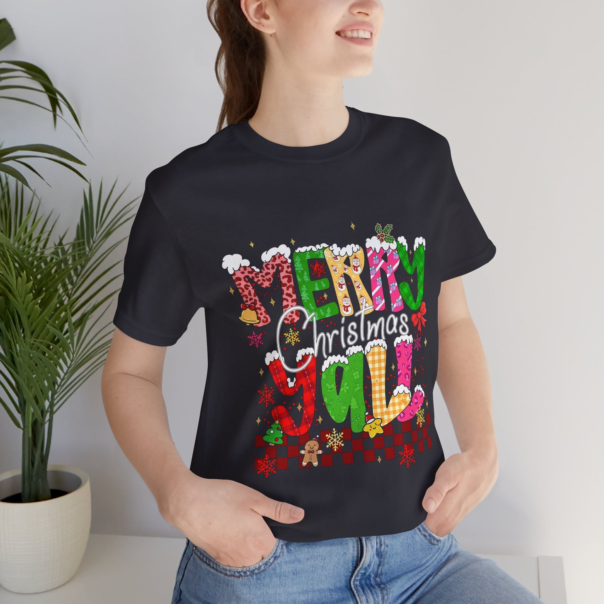 Merry Christmas Y’all Shirt, Colorful Christmas T-Shirt, Retro Holiday Tee, Cute Festive Graphic Tee for Women