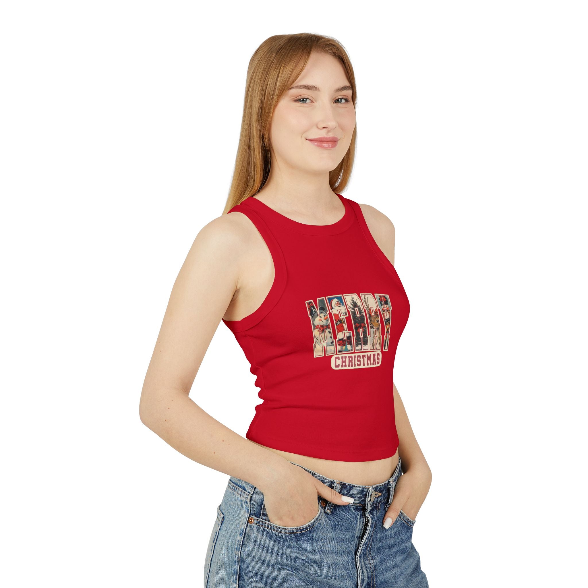 Merry Christmas Tank Top, Vintage Holiday Letter Design, Retro Santa Reindeer and Snowman Graphic Tee, Festive Christmas Gift Shirt