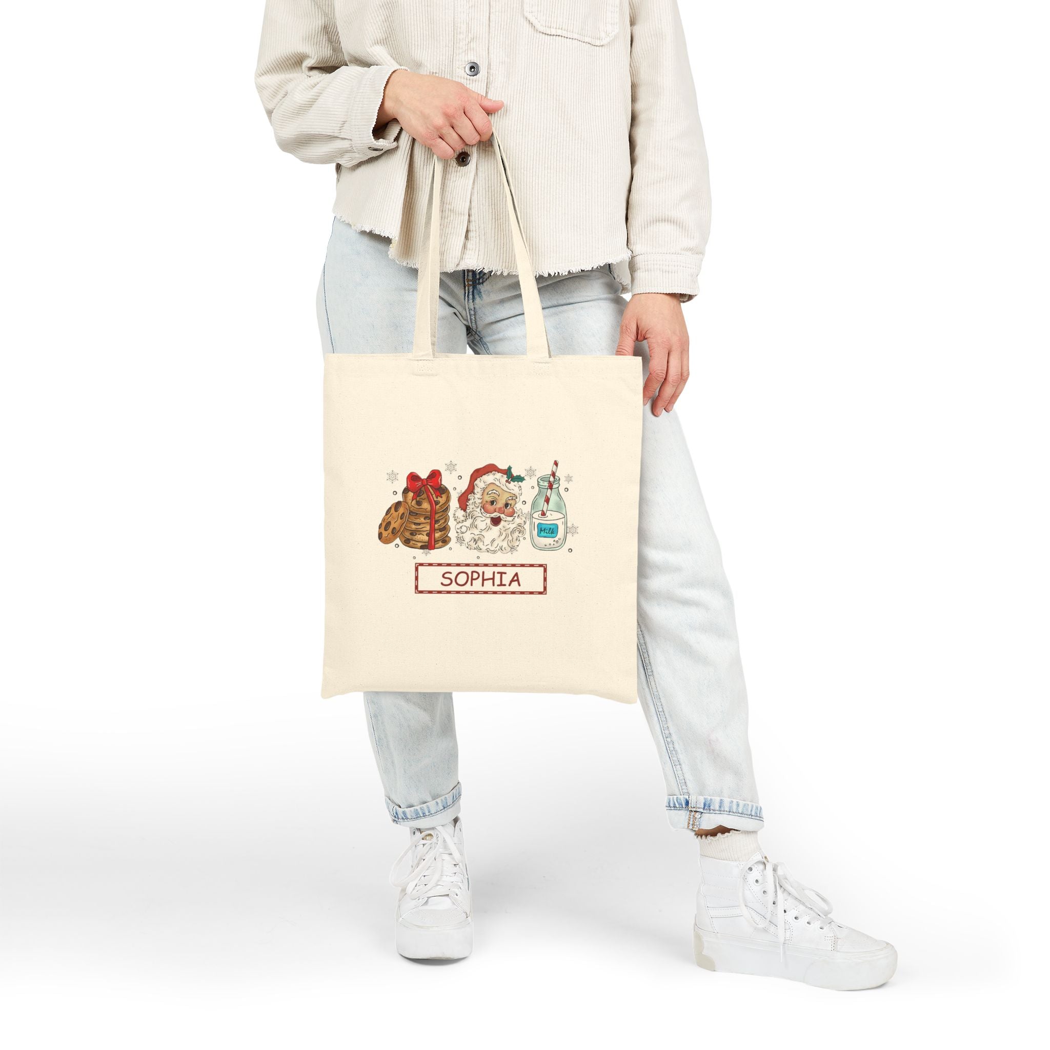 Personalized Santa Cookies and Milk Tote Bag, Custom Name Christmas Tote, Holiday Gift Bag for Kids, Santa Claus Cookie Lover Bag