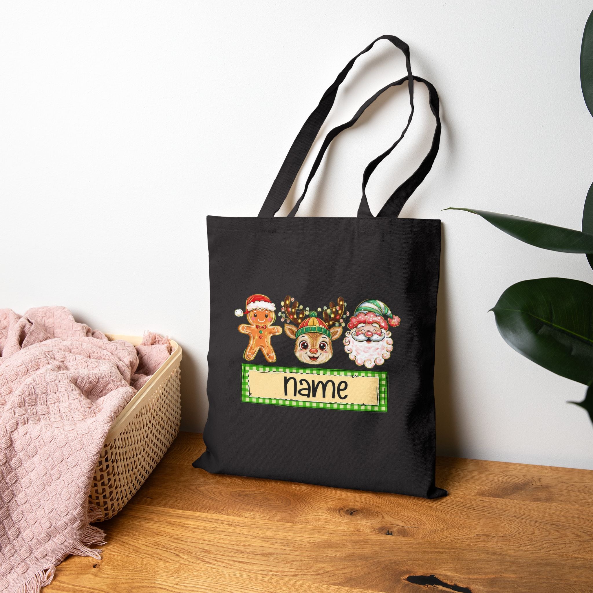 Personalized Christmas Tote Bag, Custom Name Holiday Bag with Santa, Reindeer & Gingerbread Design, Kids Christmas Gift Tote