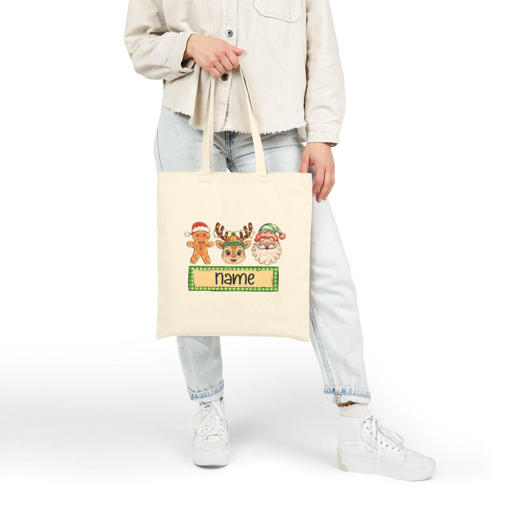 Personalized Christmas Tote Bag, Custom Name Holiday Bag with Santa, Reindeer & Gingerbread Design, Kids Christmas Gift Tote