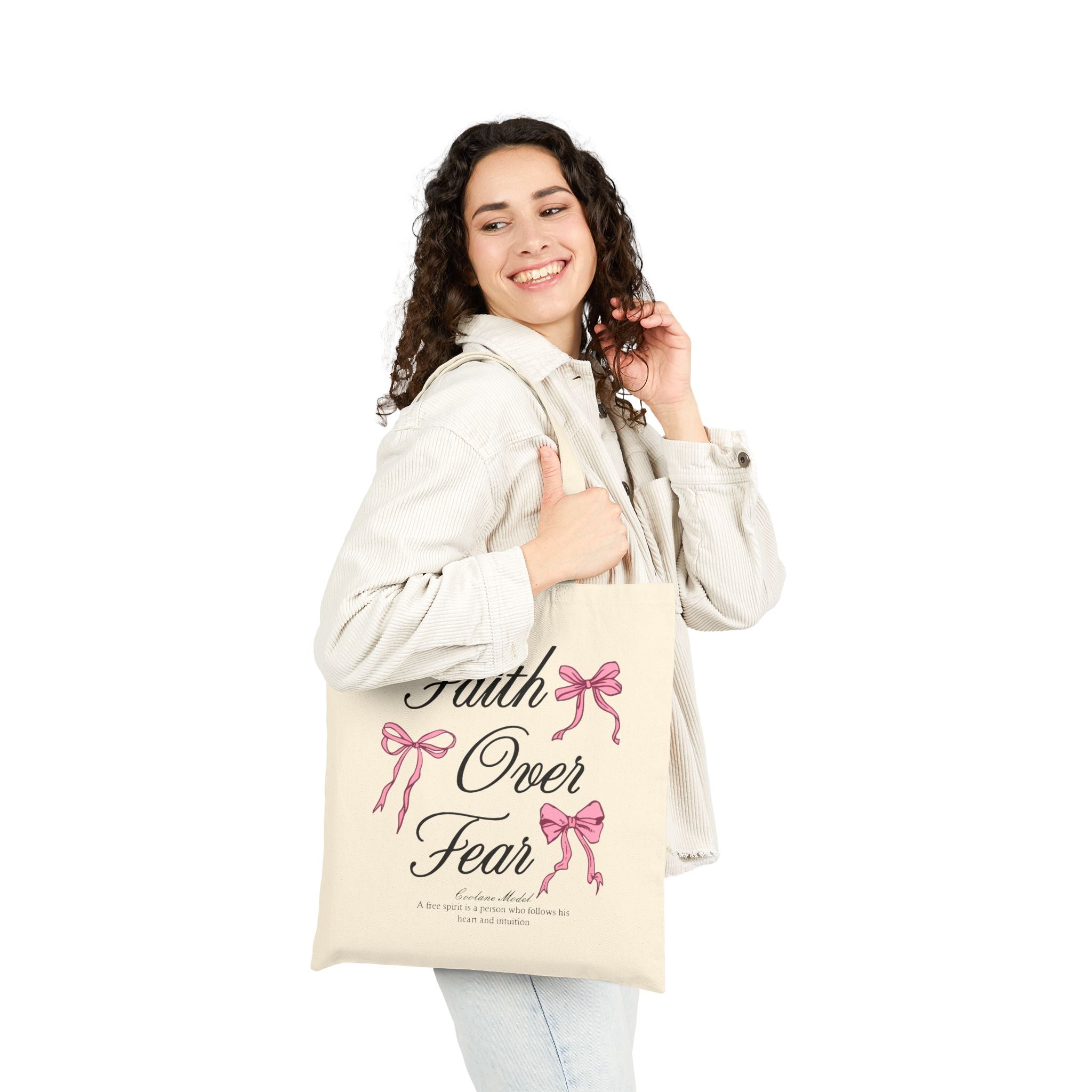 Faith Over Fear Tote Bag, Pink Bow Christian Quote Bag, Bible Verse Inspirational Tote, Coquette Aesthetic Faith Gift for Women