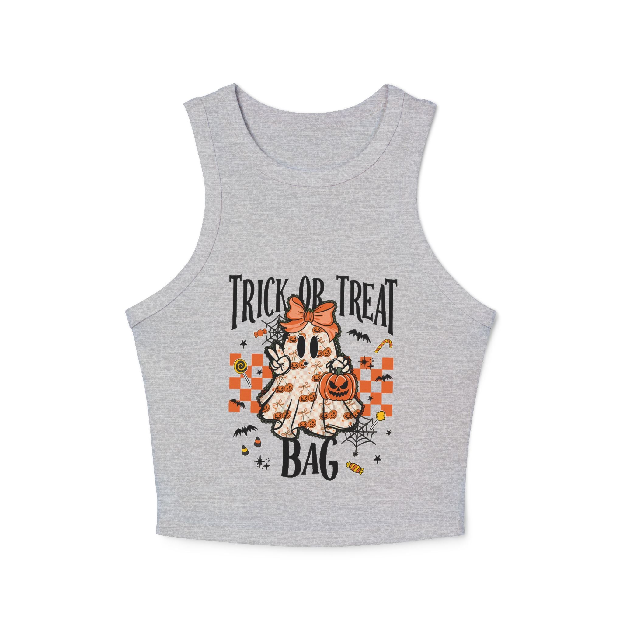 Trick or Treat Ghost Tank Top, Cute Halloween Pumpkin Design, Spooky Season Candy Graphic Top, Fall Aesthetic Halloween Shirt