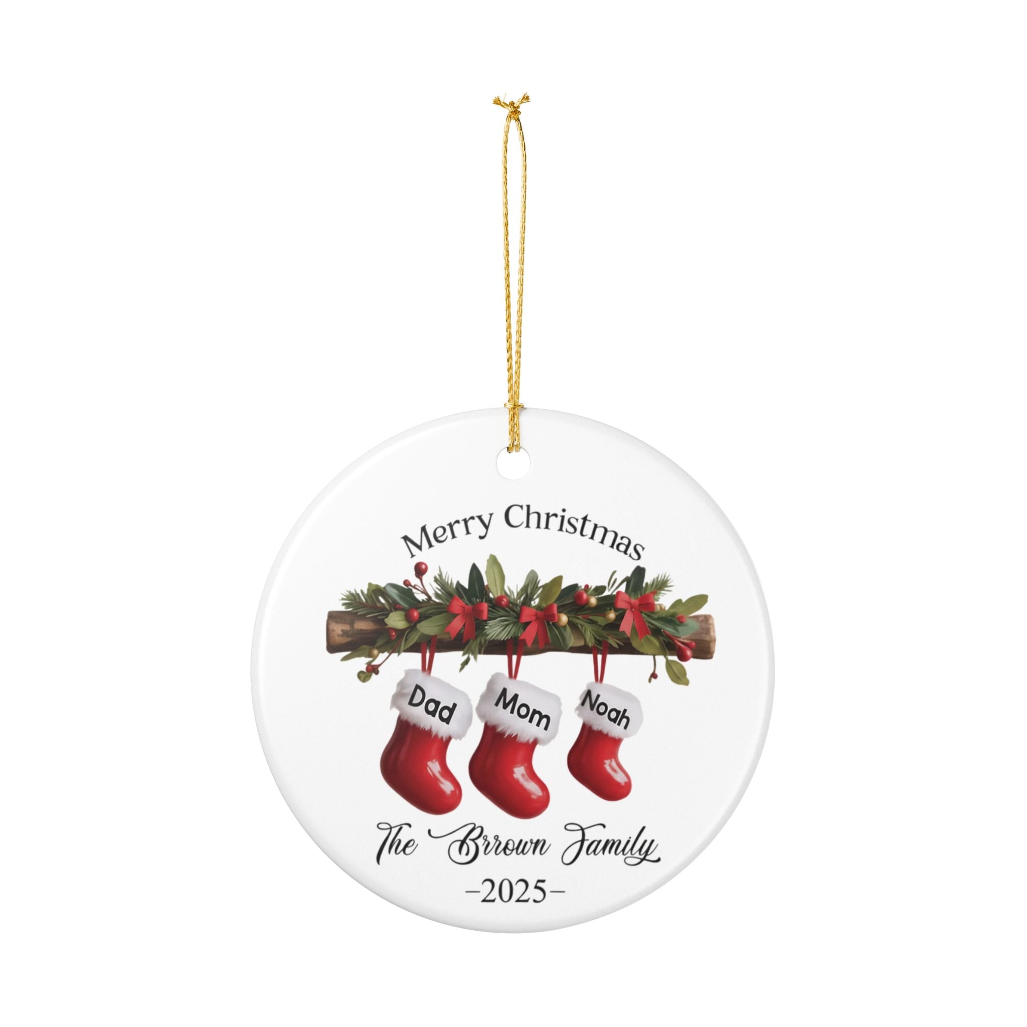 Personalized Family of Three Ceramic Christmas Ornament 2025, Custom New Family Ornament, Baby's First Christmas Ornament