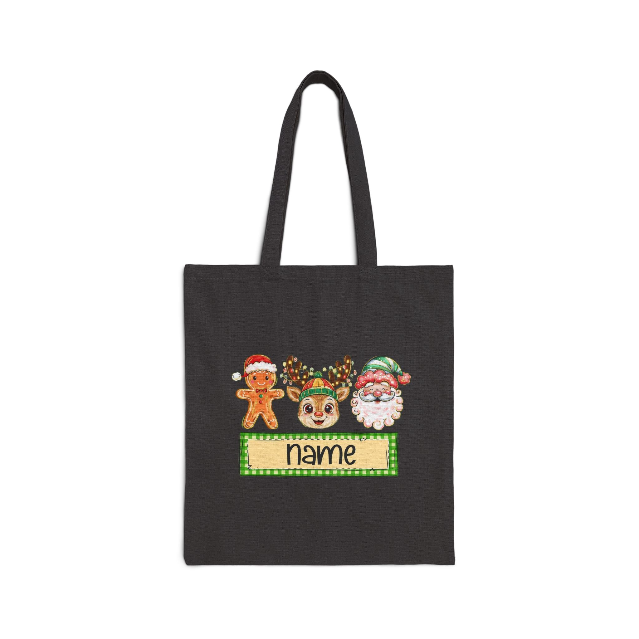 Personalized Christmas Tote Bag, Custom Name Holiday Bag with Santa, Reindeer & Gingerbread Design, Kids Christmas Gift Tote