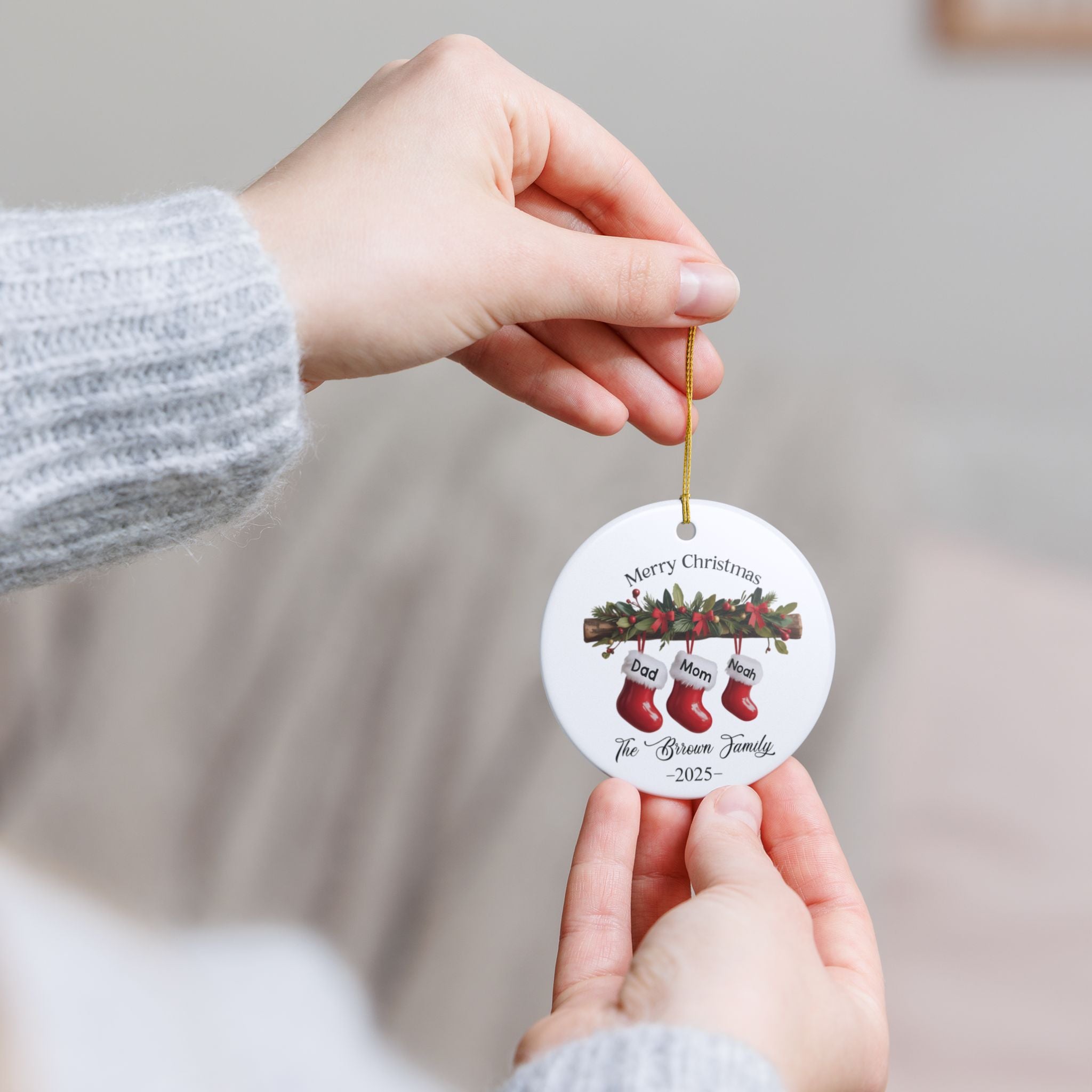 Personalized Family of Three Ceramic Christmas Ornament 2025, Custom New Family Ornament, Baby's First Christmas Ornament