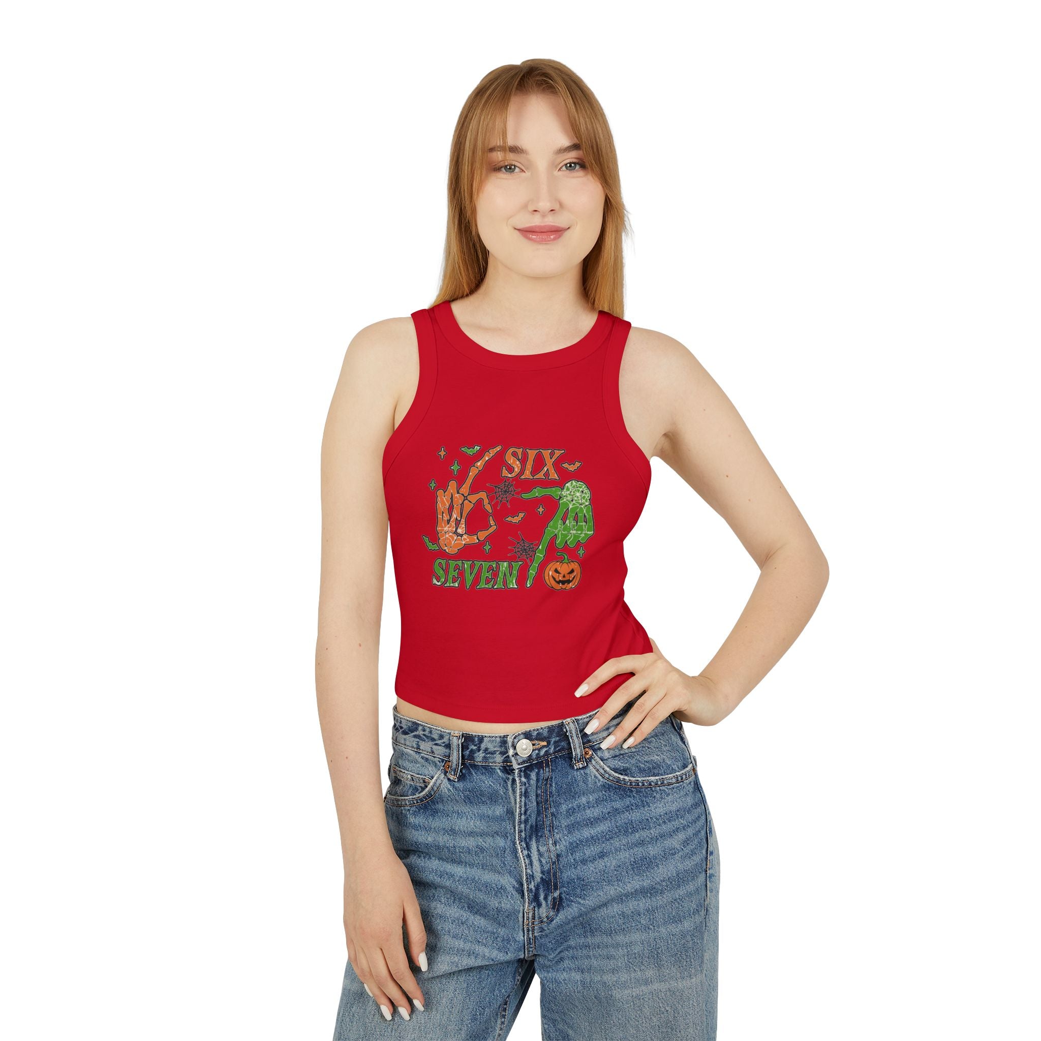 Halloween Six Seven Tank Top, Skeleton Hand Spooky Design, Pumpkin and Spider Web Graphic Tee, Funny Halloween Party Shirt, Trendy Tee