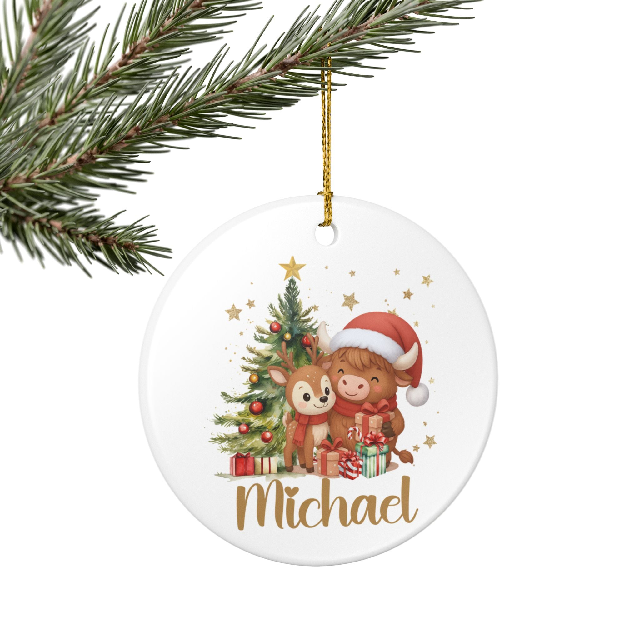 Personalized Christmas Ornament, Cute Highland Cow and Reindeer Design, Custom Name Holiday Gift, Kids Christmas Decoration