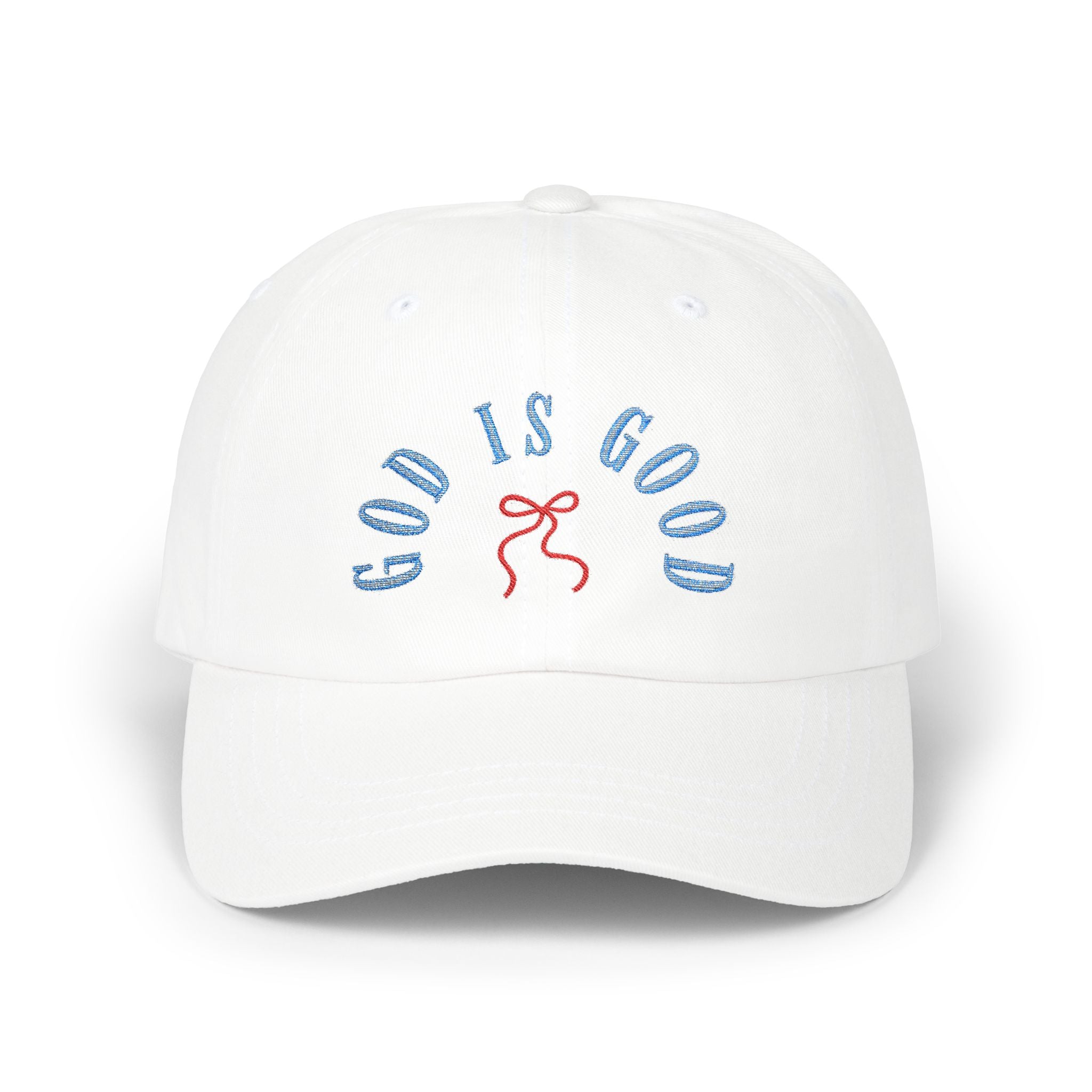 God Is Good Embroidered Hat, Christian Faith Baseball Cap, Blue Letter Red Bow Stitch Design, Religious Quote Dad Hat, Spiritual Gift