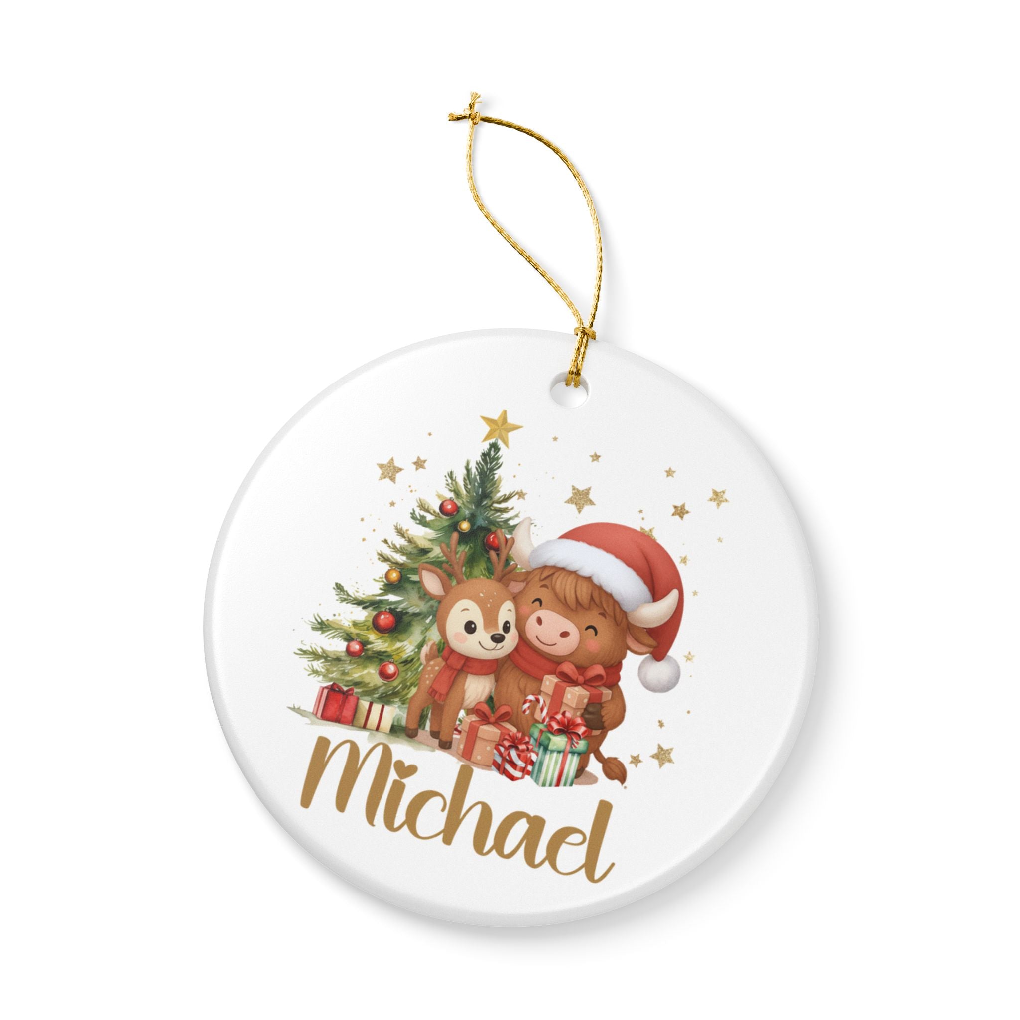Personalized Christmas Ornament, Cute Highland Cow and Reindeer Design, Custom Name Holiday Gift, Kids Christmas Decoration