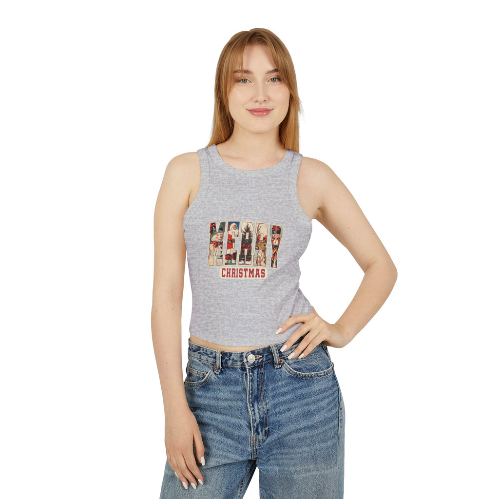 Merry Christmas Tank Top, Vintage Holiday Letter Design, Retro Santa Reindeer and Snowman Graphic Tee, Festive Christmas Gift Shirt
