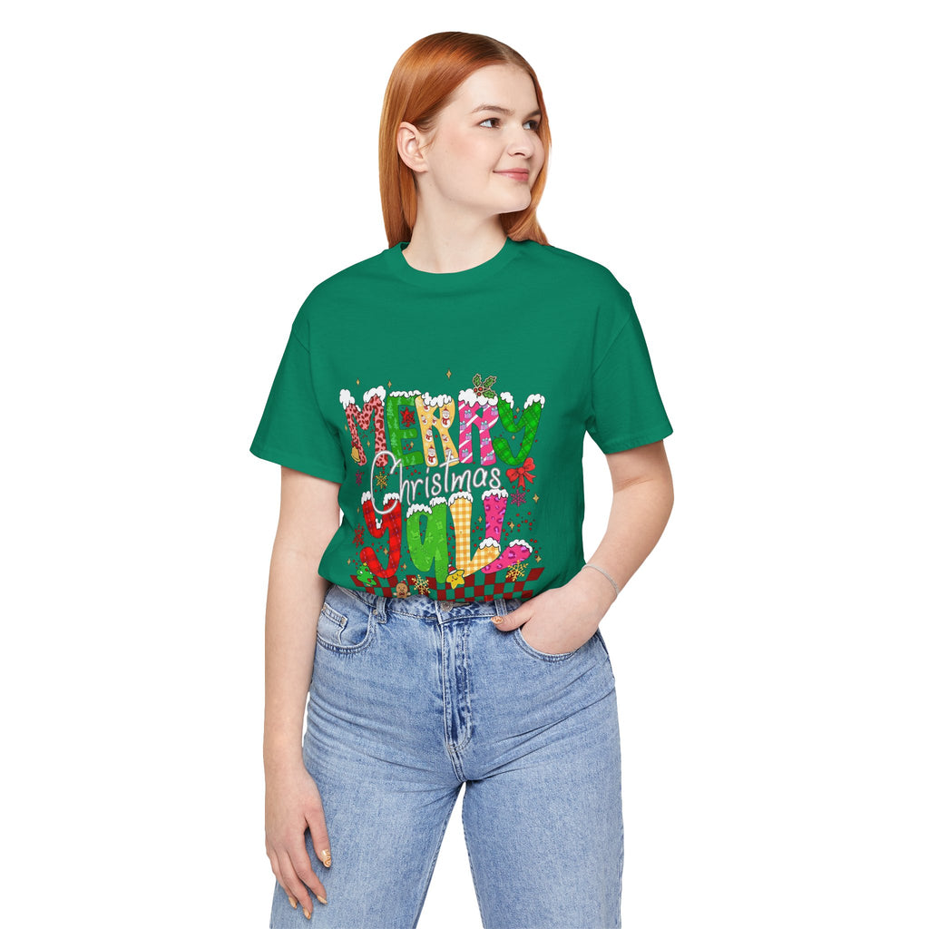 Merry Christmas Y’all Shirt, Colorful Christmas T-Shirt, Retro Holiday Tee, Cute Festive Graphic Tee for Women