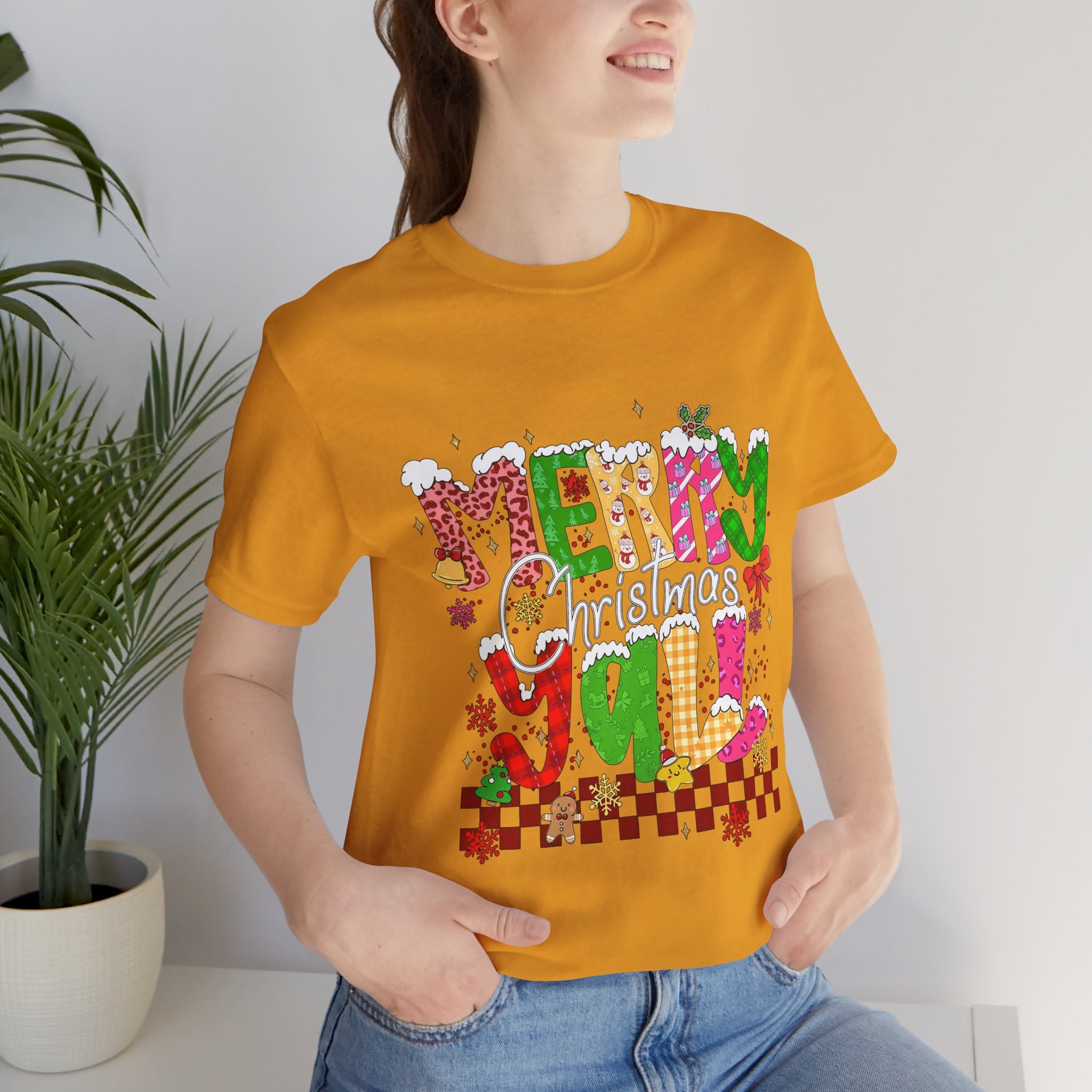Merry Christmas Y’all Shirt, Colorful Christmas T-Shirt, Retro Holiday Tee, Cute Festive Graphic Tee for Women