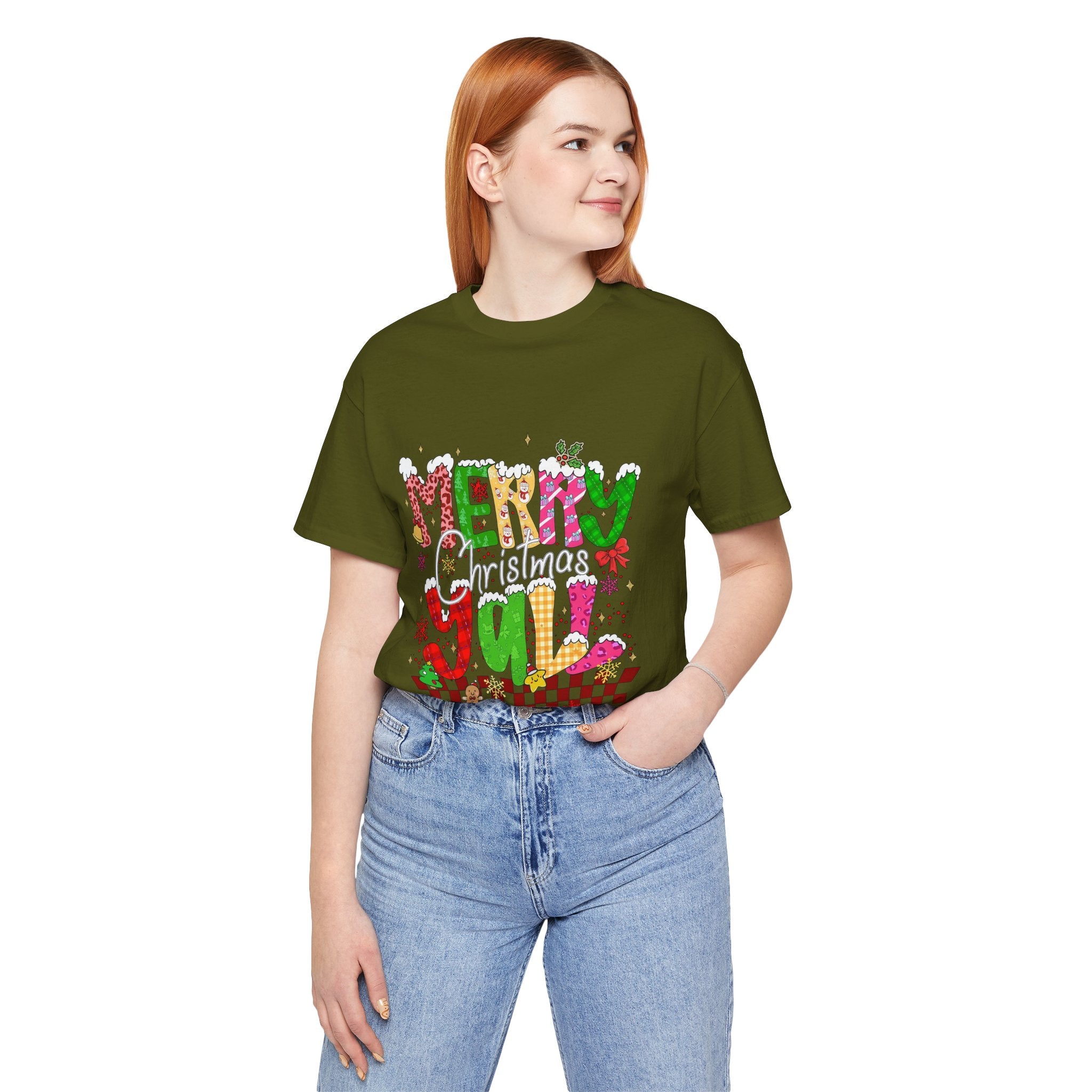 Merry Christmas Y’all Shirt, Colorful Christmas T-Shirt, Retro Holiday Tee, Cute Festive Graphic Tee for Women