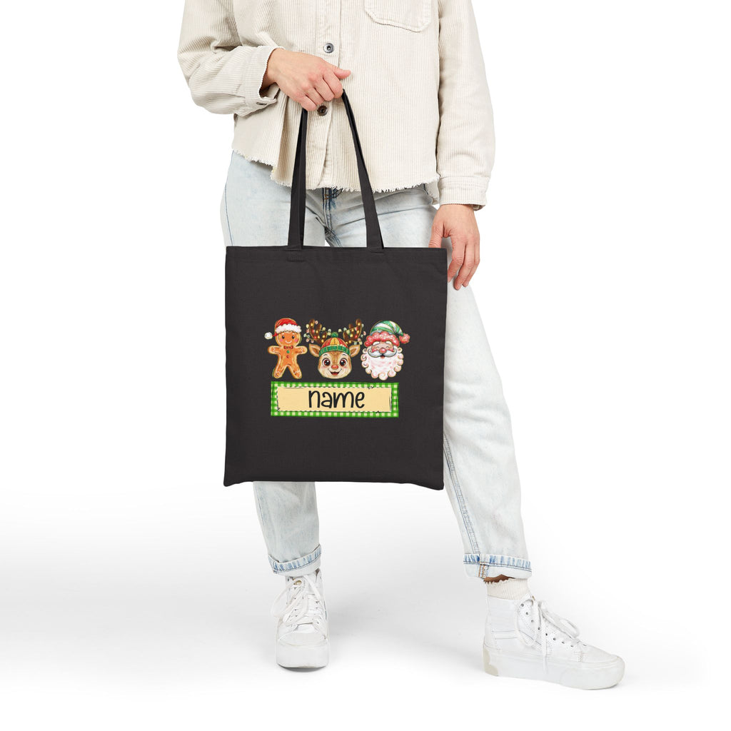 Personalized Christmas Tote Bag, Custom Name Holiday Bag with Santa, Reindeer & Gingerbread Design, Kids Christmas Gift Tote