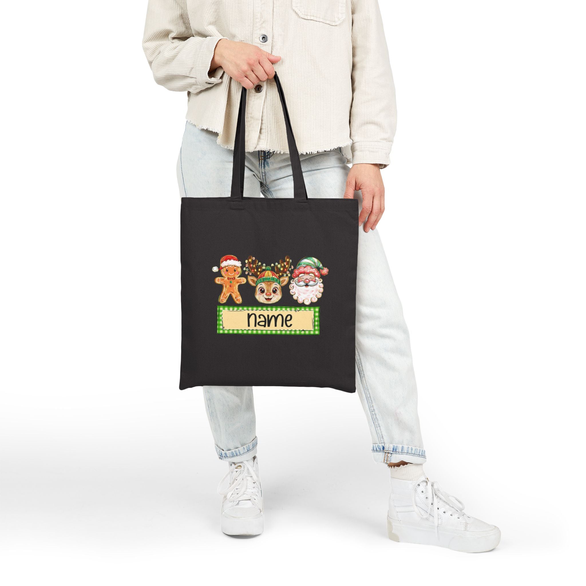 Personalized Christmas Tote Bag, Custom Name Holiday Bag with Santa, Reindeer & Gingerbread Design, Kids Christmas Gift Tote