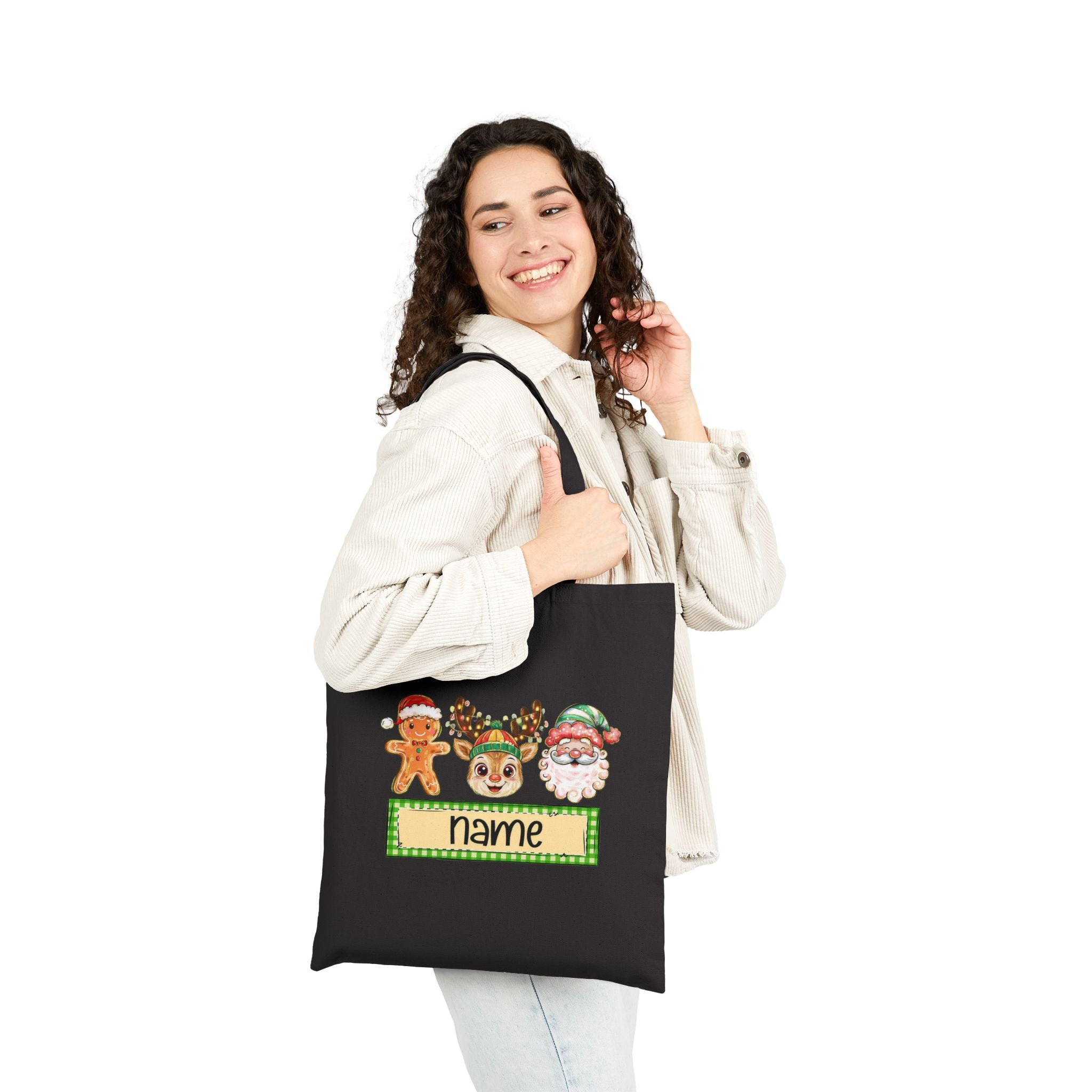 Personalized Christmas Tote Bag, Custom Name Holiday Bag with Santa, Reindeer & Gingerbread Design, Kids Christmas Gift Tote