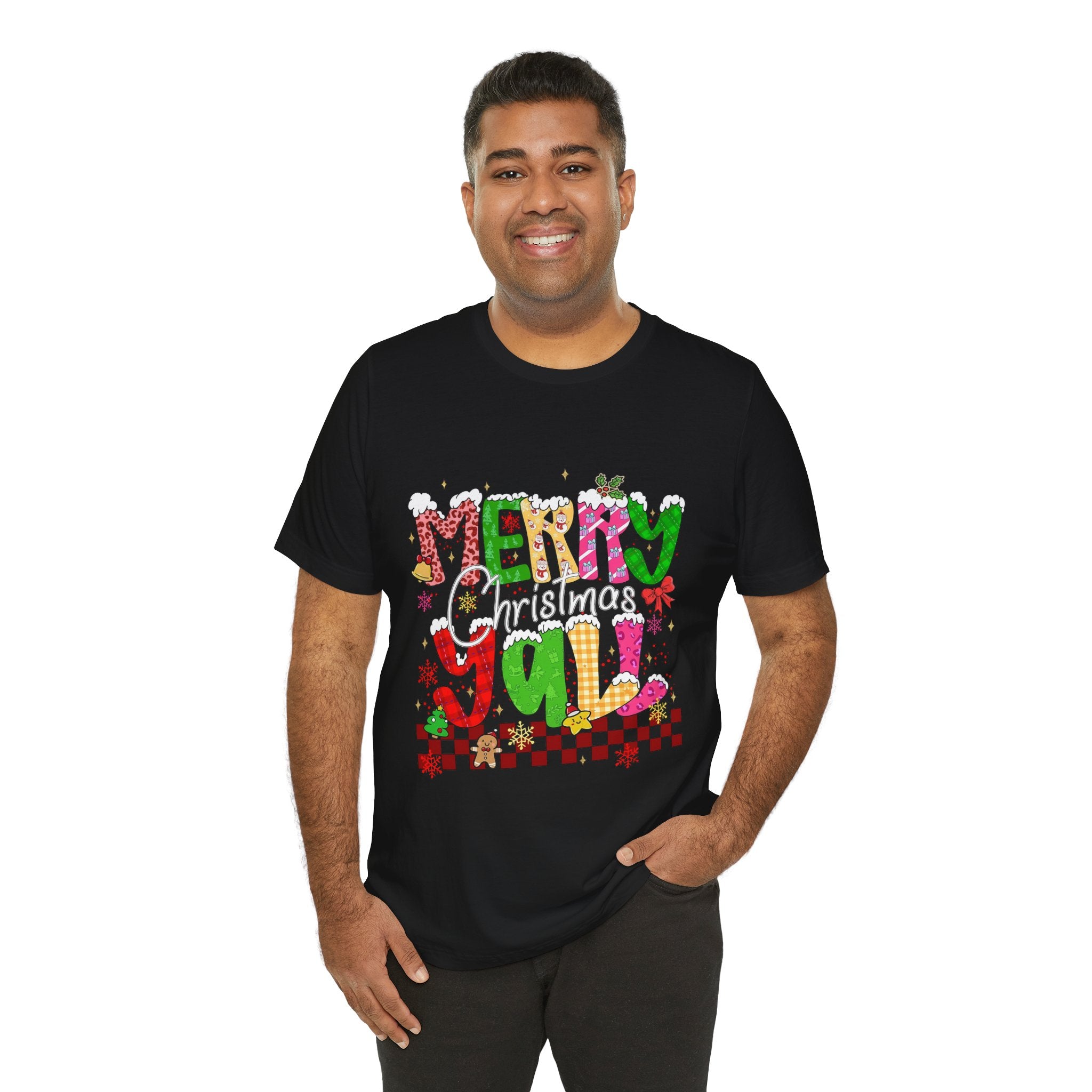 Merry Christmas Y’all Shirt, Colorful Christmas T-Shirt, Retro Holiday Tee, Cute Festive Graphic Tee for Women