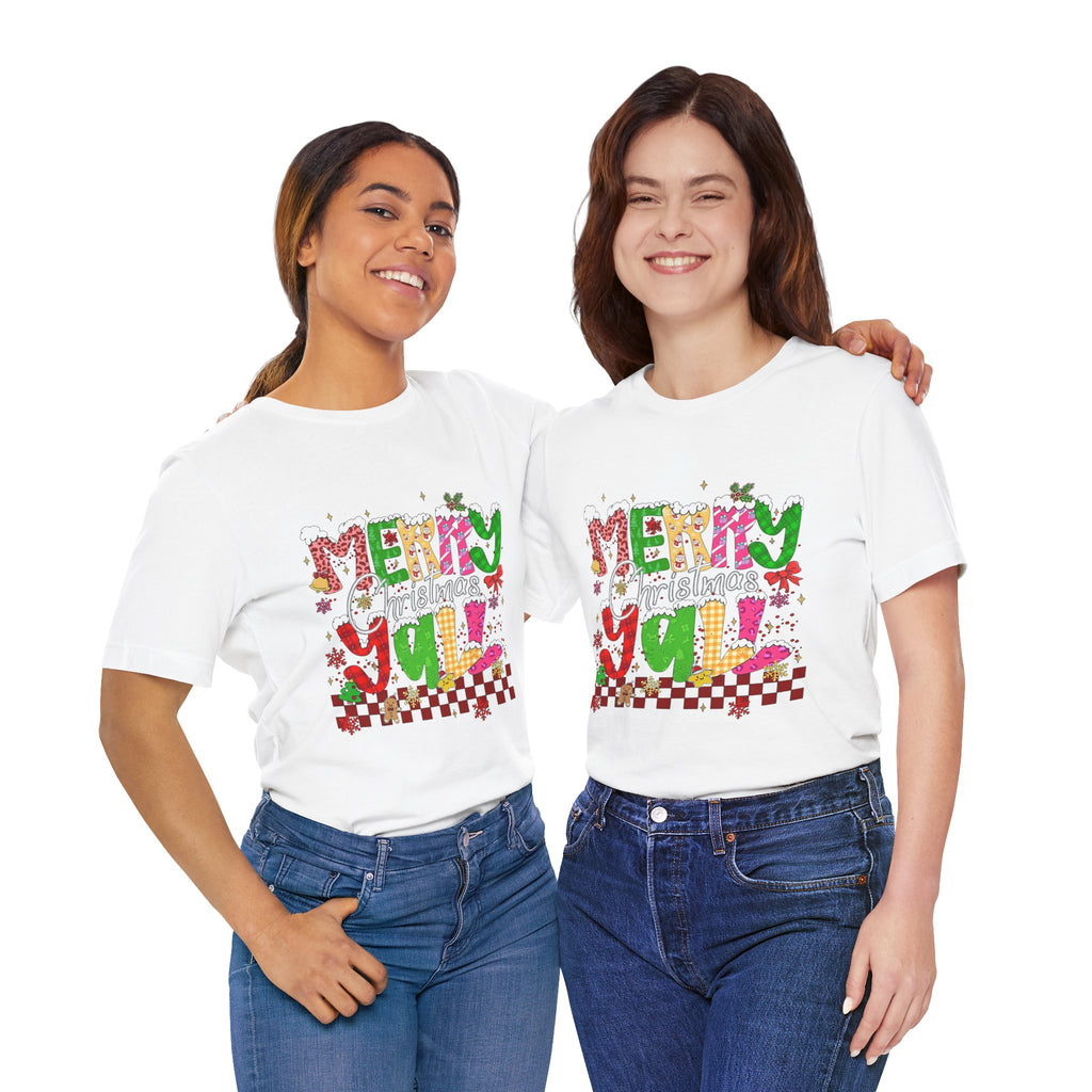 Merry Christmas Y’all Shirt, Colorful Christmas T-Shirt, Retro Holiday Tee, Cute Festive Graphic Tee for Women