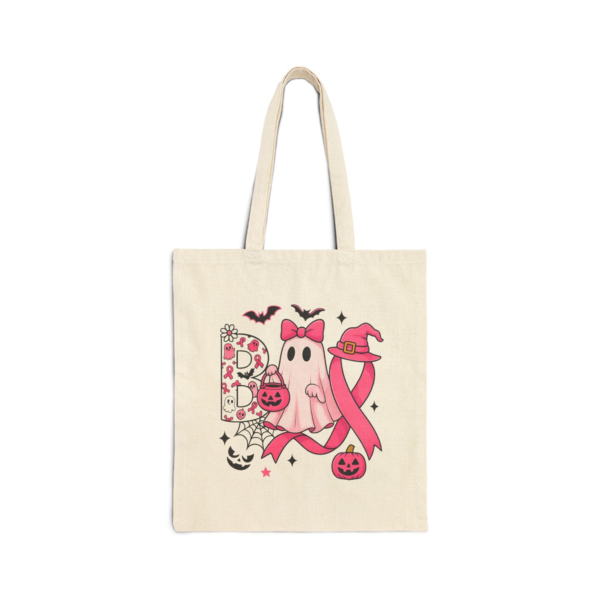 Pink Boo Ghost Tote Bag, Breast Cancer Awareness Halloween Bag, Cute Ghost with Bow and Pumpkin Tote, Spooky Season Gift for Her