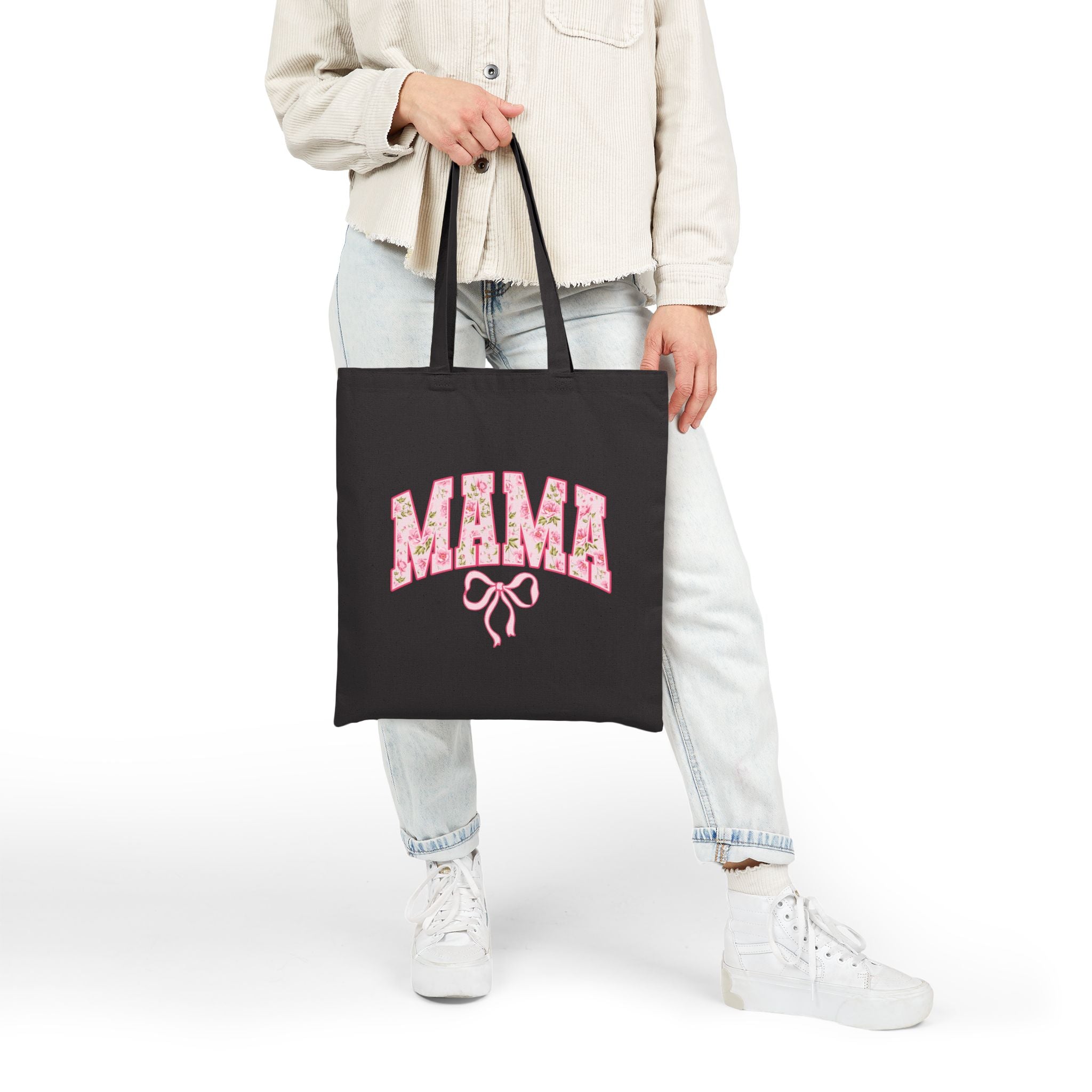 Floral MAMA Tote Bag, Pink Bow and Rose Print Design, Mother’s Day Gift Bag, Vintage Flower Mom Tote, Aesthetic Mama Carryall