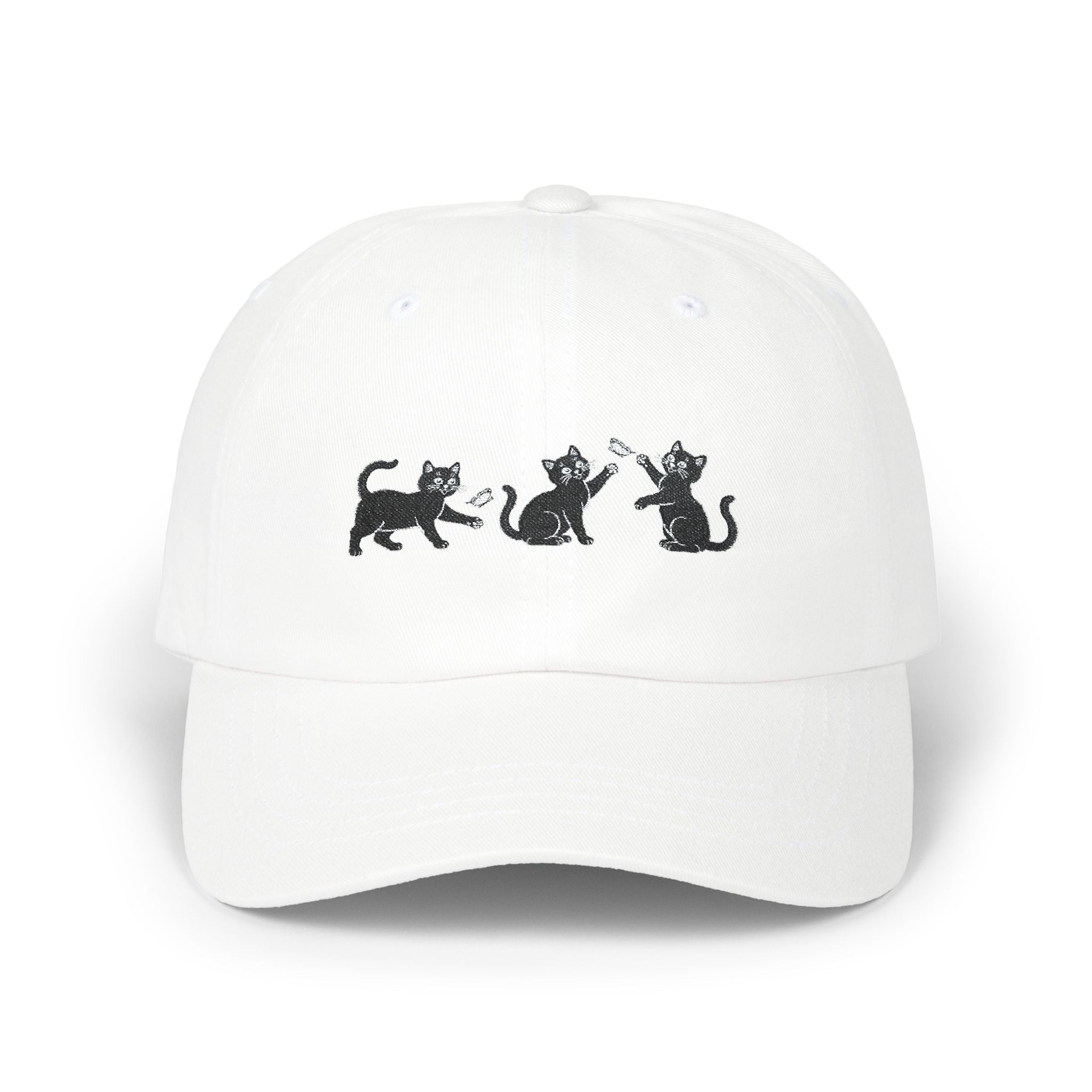 Black Cat and Butterfly Embroidered Hat, Cute Cat Stitch Design Cap, Playful Kitty Baseball Hat, Animal Embroidery Gift, Pet Lover Cap
