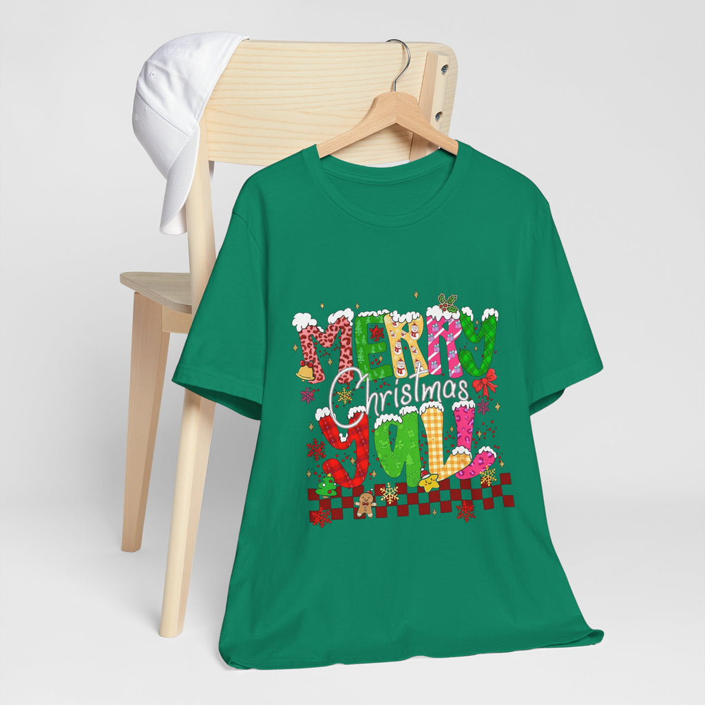 Merry Christmas Y’all Shirt, Colorful Christmas T-Shirt, Retro Holiday Tee, Cute Festive Graphic Tee for Women