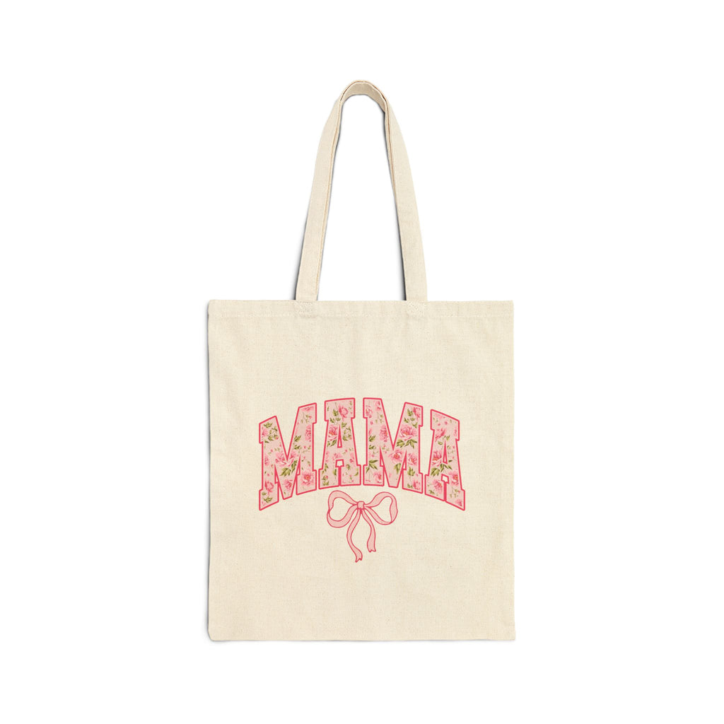 Floral MAMA Tote Bag, Pink Bow and Rose Print Design, Mother’s Day Gift Bag, Vintage Flower Mom Tote, Aesthetic Mama Carryall